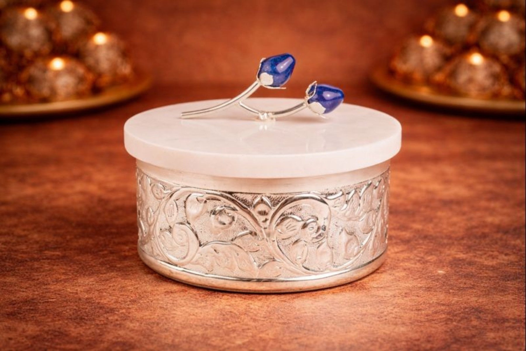 EMBOSSED SILVER JARS WITH MARBLE LID FOR DRYFRUITS/ GIFTING (MEDIUM)