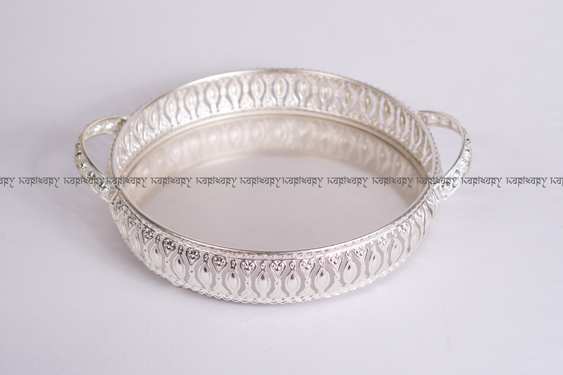 DECORATIVE GERMAN SILVER HAMPER TRAY WITH HANDLE FOR TROUSSEAU & GIFTING (26cm Diameter) 