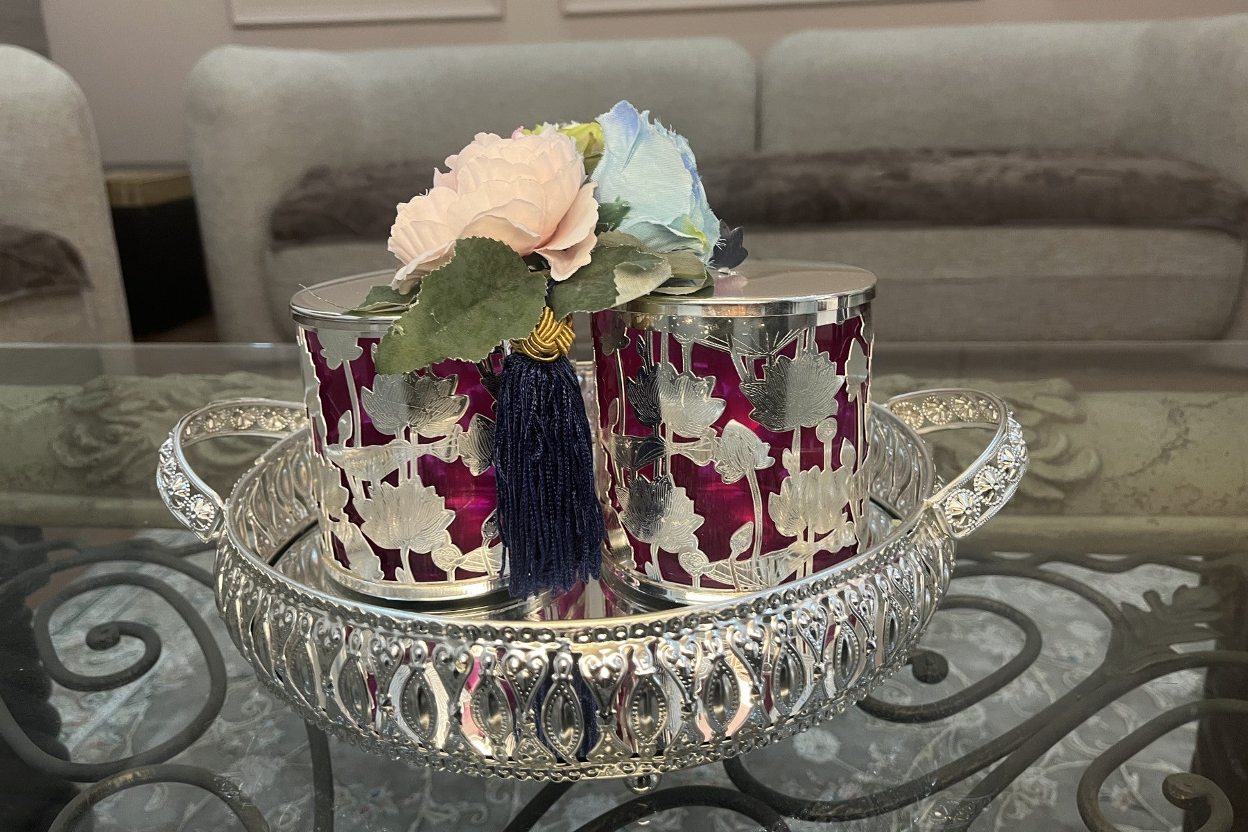 Luxury Pichwai Silver-Plated Hamper Set with Mirror Tray