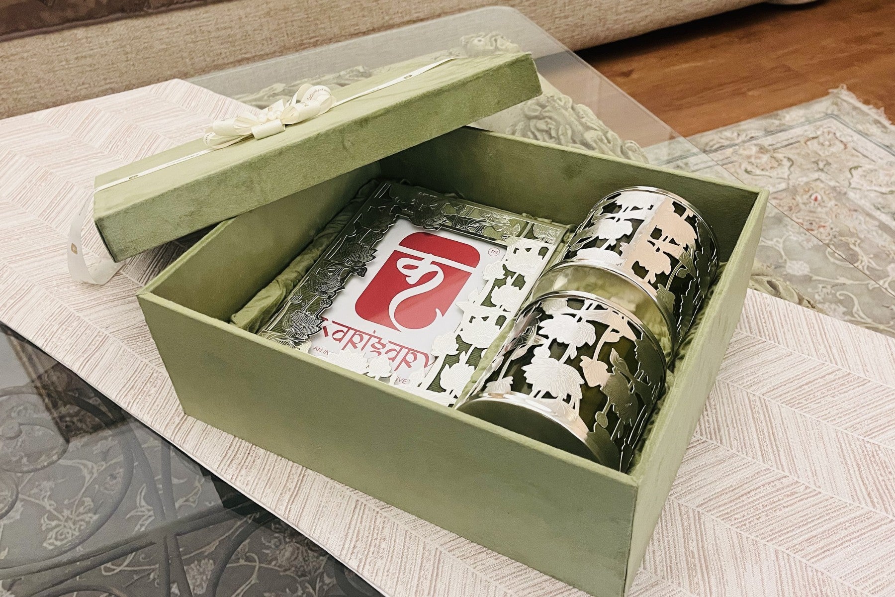 Premium Wedding Return Gift Hamper with Silver-Plated Pichwai Lotus