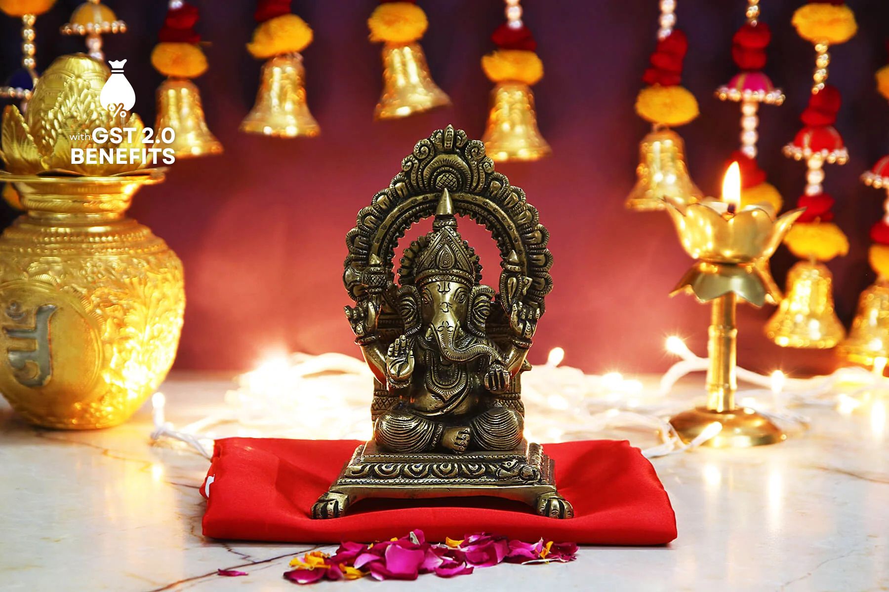 BRASS SUPERFINE ANTIQUE GOLD GANESH JI MOORTI/IDOL/STATUE 7 INCH