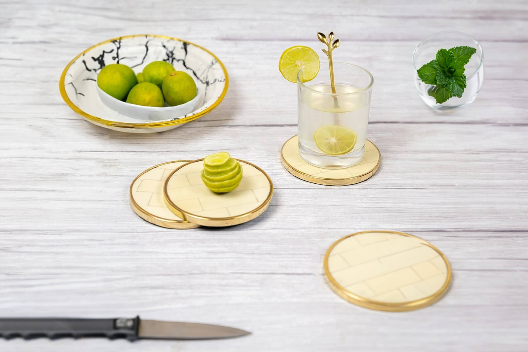 Resin White Coasters with Golden Border – Set of 4