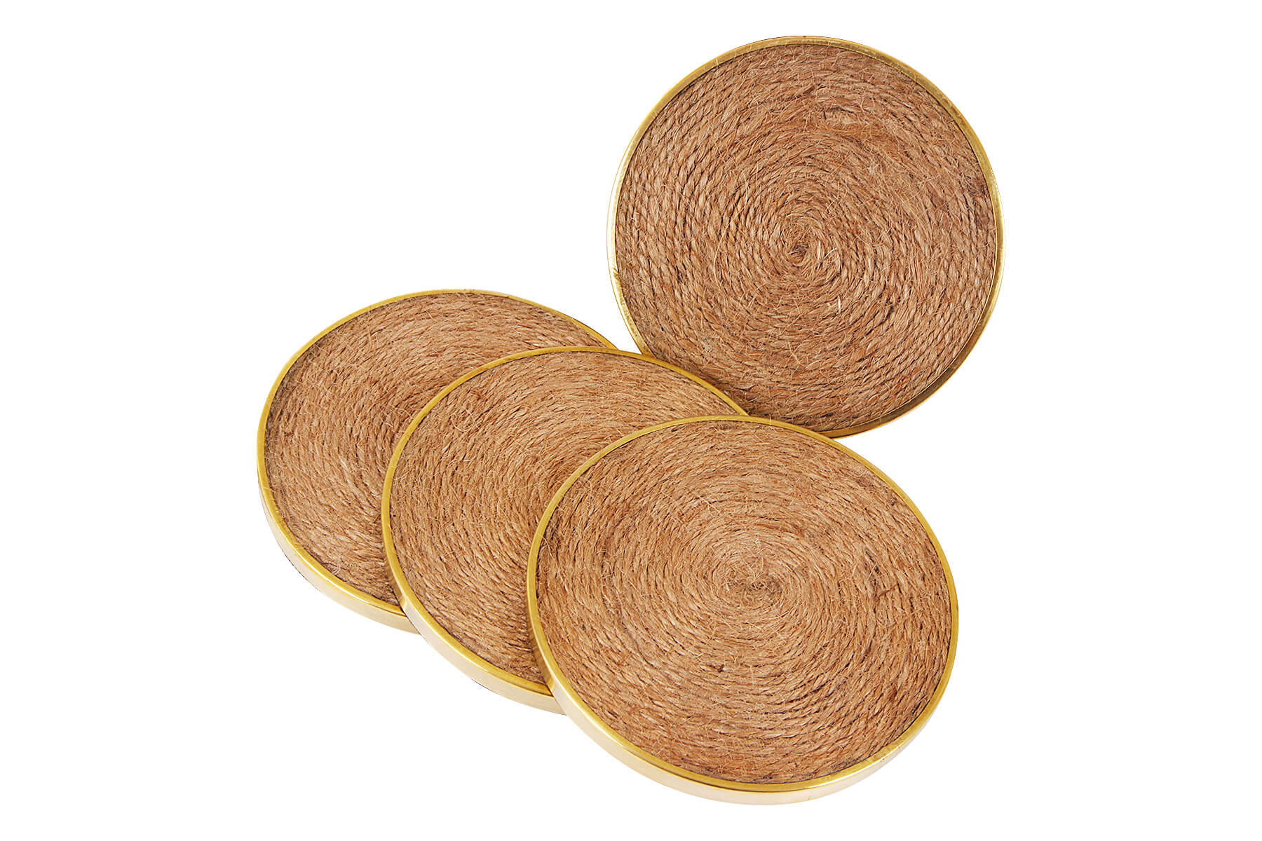 WOODEN COASTERS SET OF 4 WITH GOLDEN BORDER/ SWIRL JUTE DETAILING