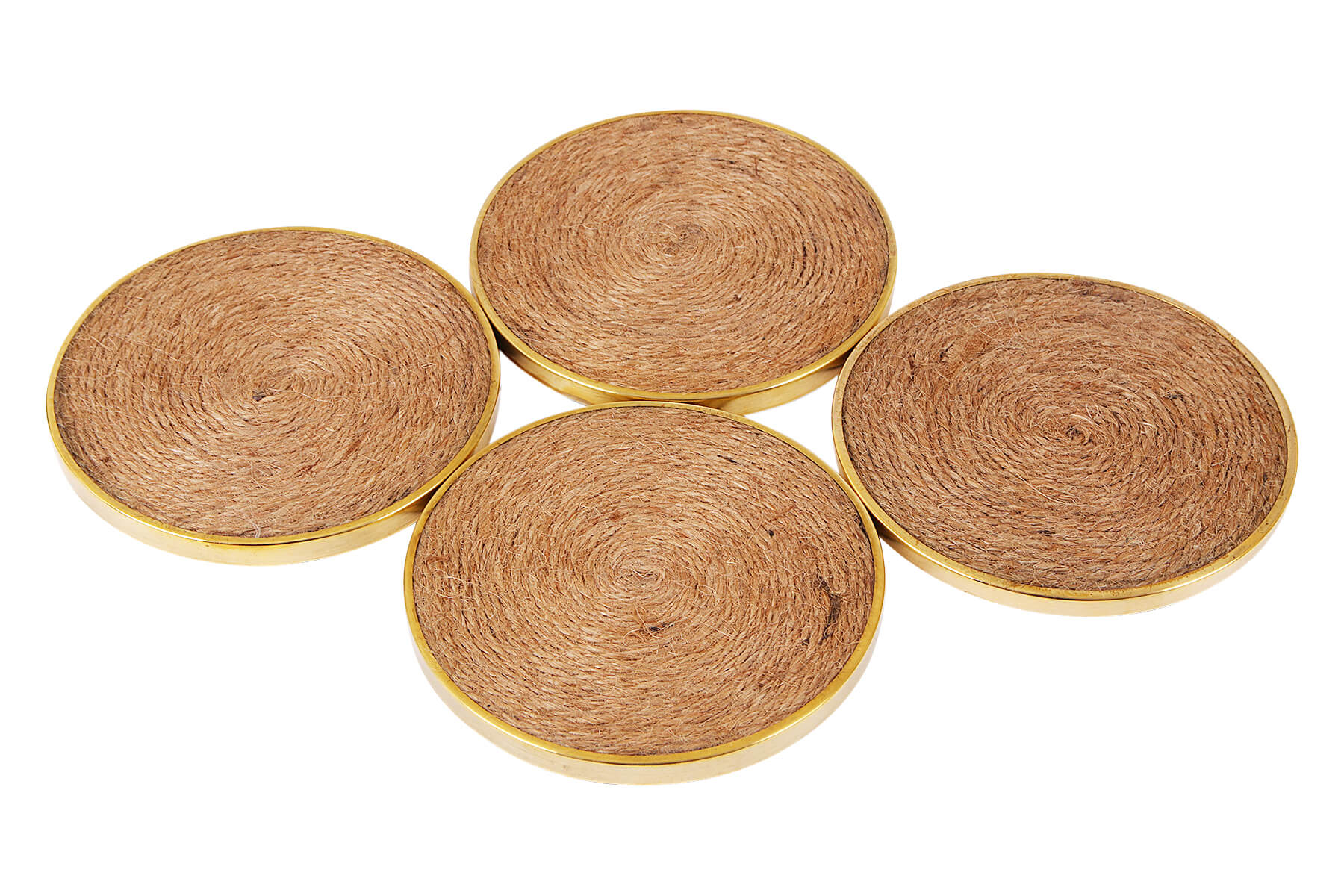 WOODEN COASTERS SET OF 4 WITH GOLDEN BORDER/ SWIRL JUTE DETAILING