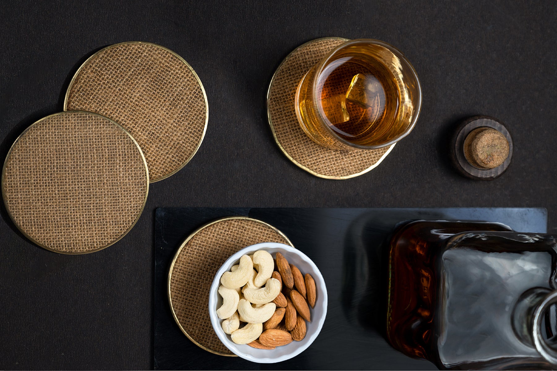 WOODEN COASTERS SET OF 4 WITH GOLDEN BORDER/ MESH JUTE DETAILING