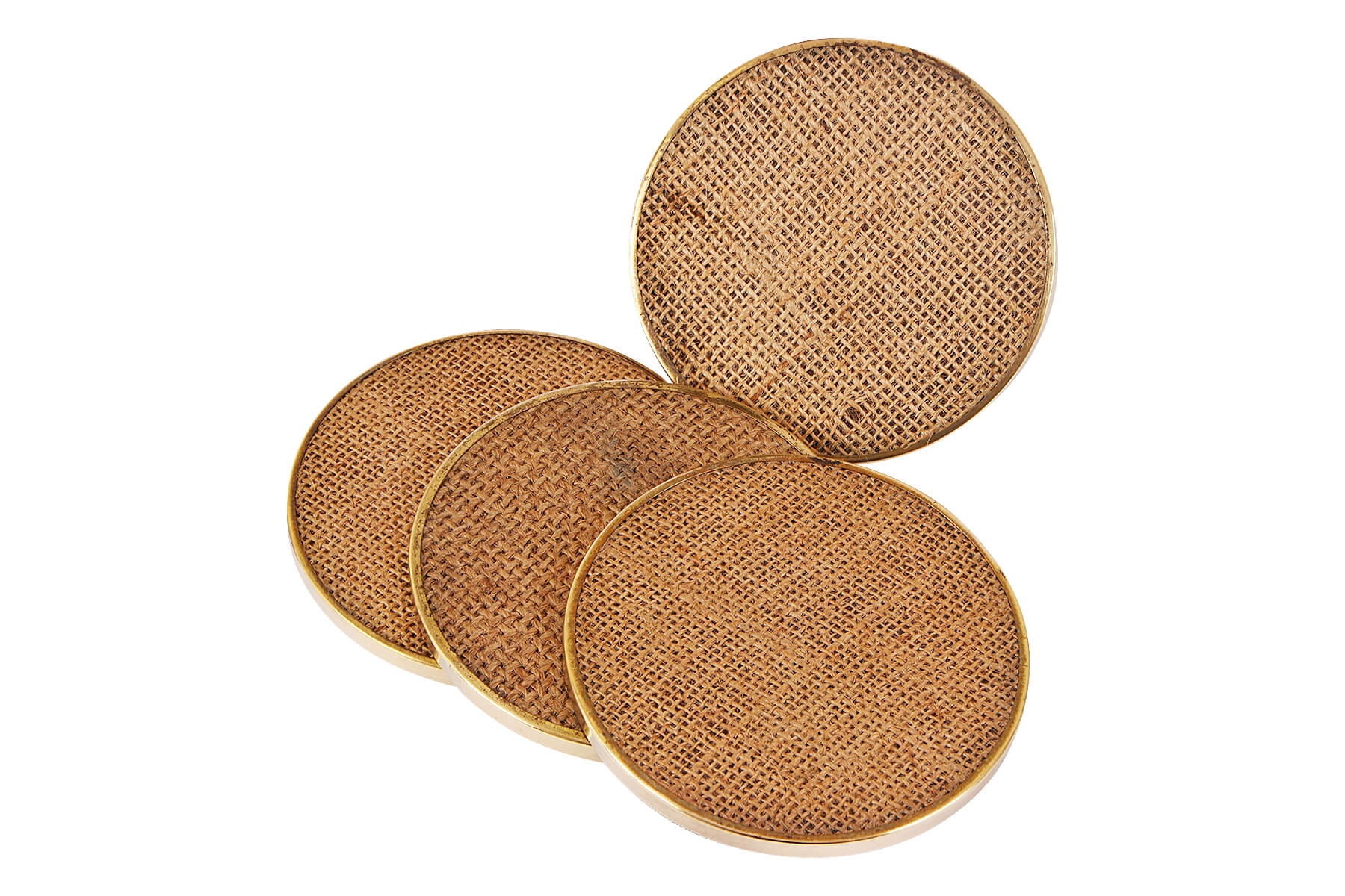 WOODEN COASTERS SET OF 4 WITH GOLDEN BORDER/ MESH JUTE DETAILING