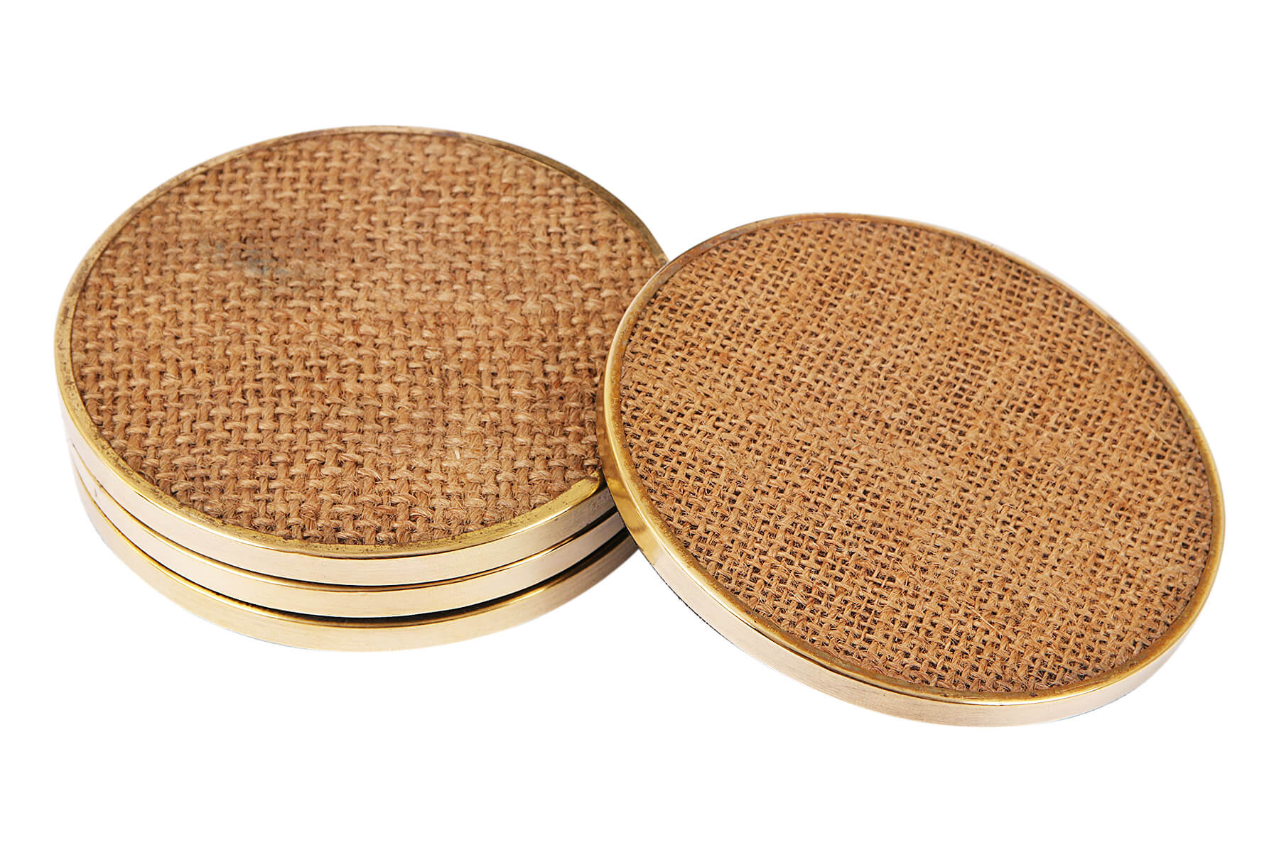 WOODEN COASTERS SET OF 4 WITH GOLDEN BORDER/ MESH JUTE DETAILING