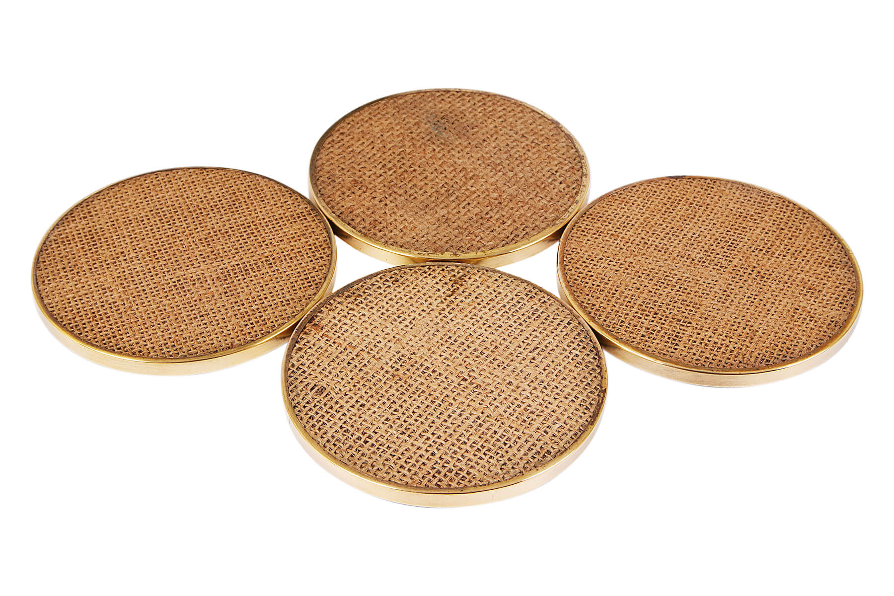 WOODEN COASTERS SET OF 4 WITH GOLDEN BORDER/ MESH JUTE DETAILING