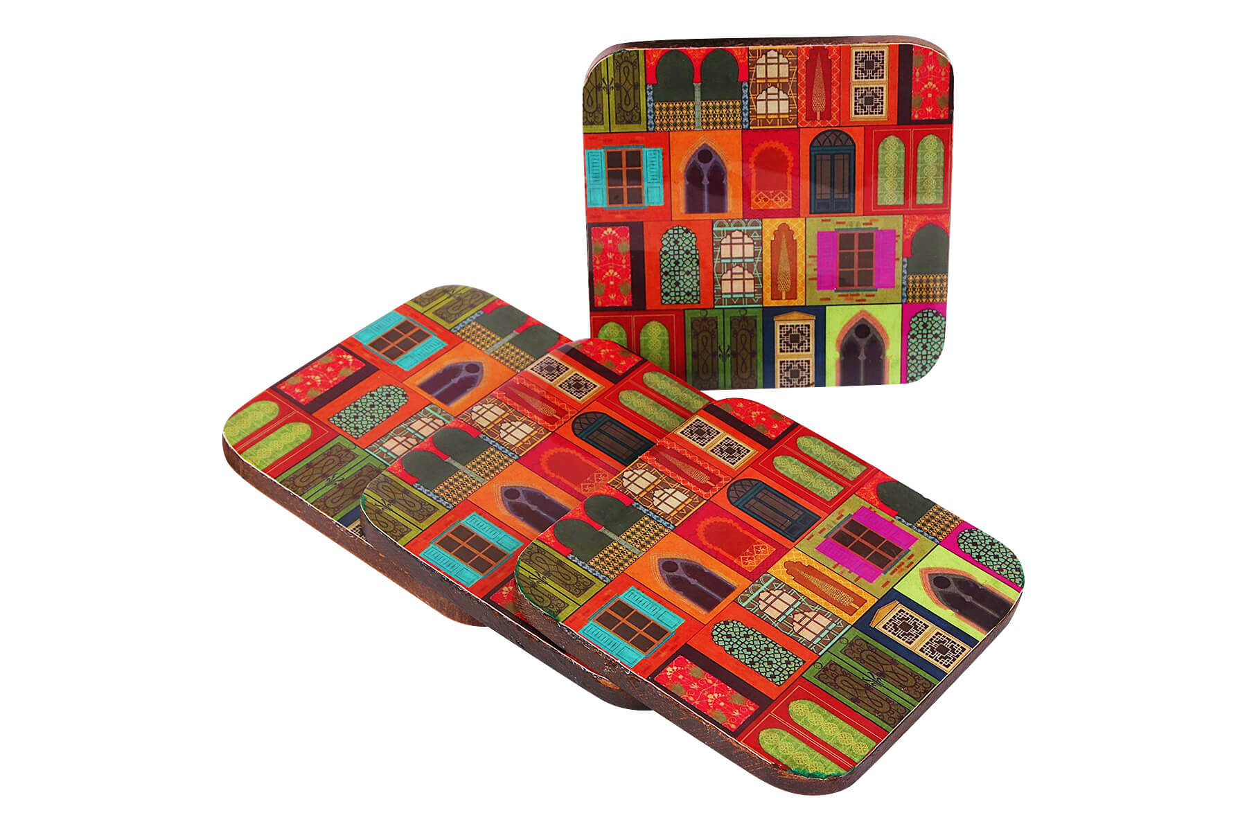 WOODEN COASTERS SET OF 4/ MUGHAL DOORS PRINT