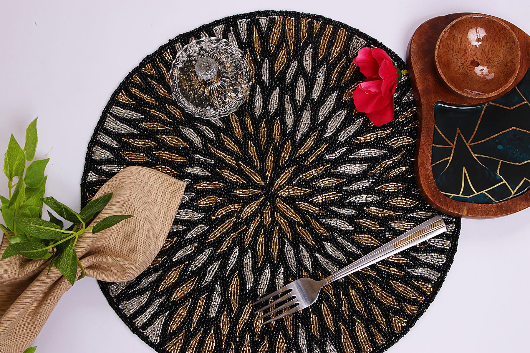 HANDMADE BEADED ROUND BLACK PLACEMATS/DINING MATS 38cm (Set of 2)