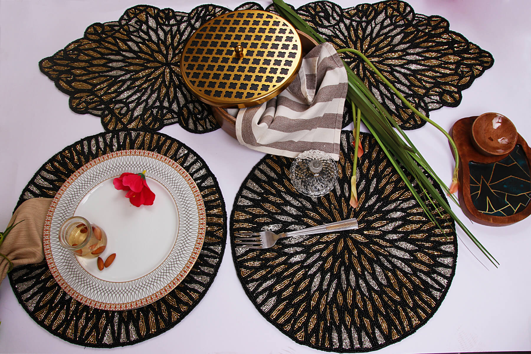 HANDMADE BEADED ROUND BLACK PLACEMATS/DINING MATS 38cm (Set of 2)