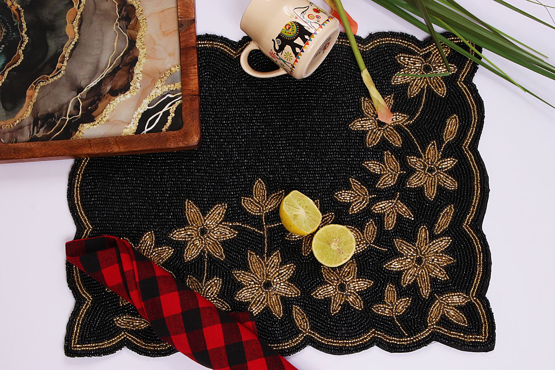 HANDMADE BEADED BLACK PLACEMATS/DINING MATS 39cm (Set of 2)