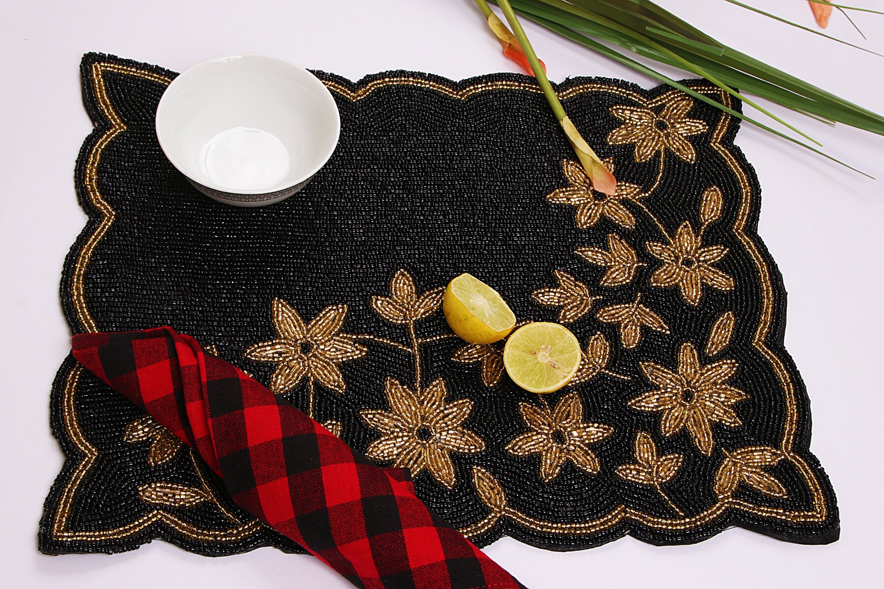 HANDMADE BEADED BLACK PLACEMATS/DINING MATS 39cm (Set of 2)