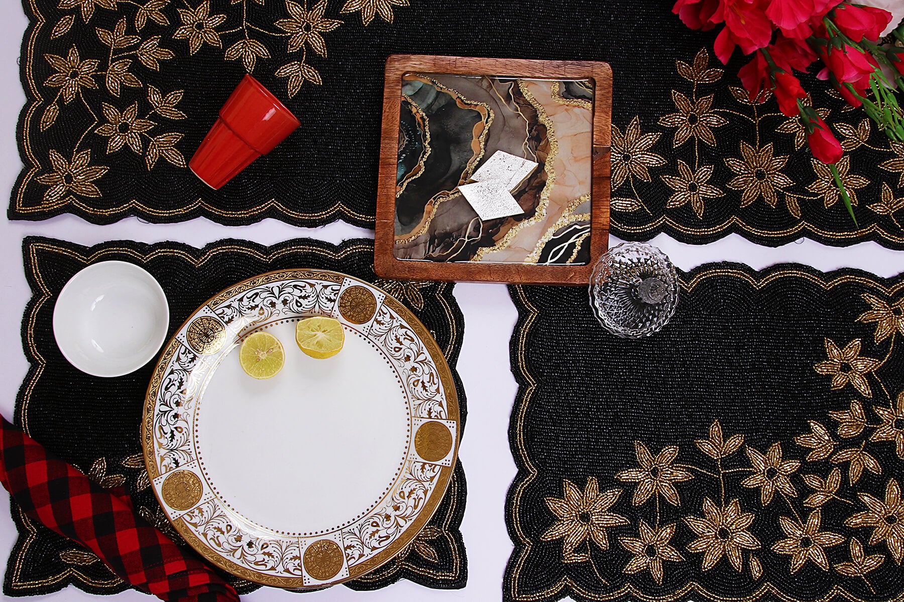 HANDMADE BEADED BLACK PLACEMATS/DINING MATS 39cm (Set of 2)