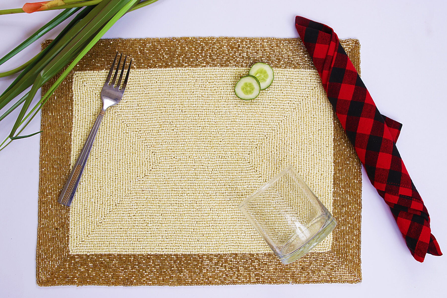 HANDMADE BEADED IVORY PLACEMATS/DINING MATS WITH GOLDEN BORDER 41cm (Set of 2)