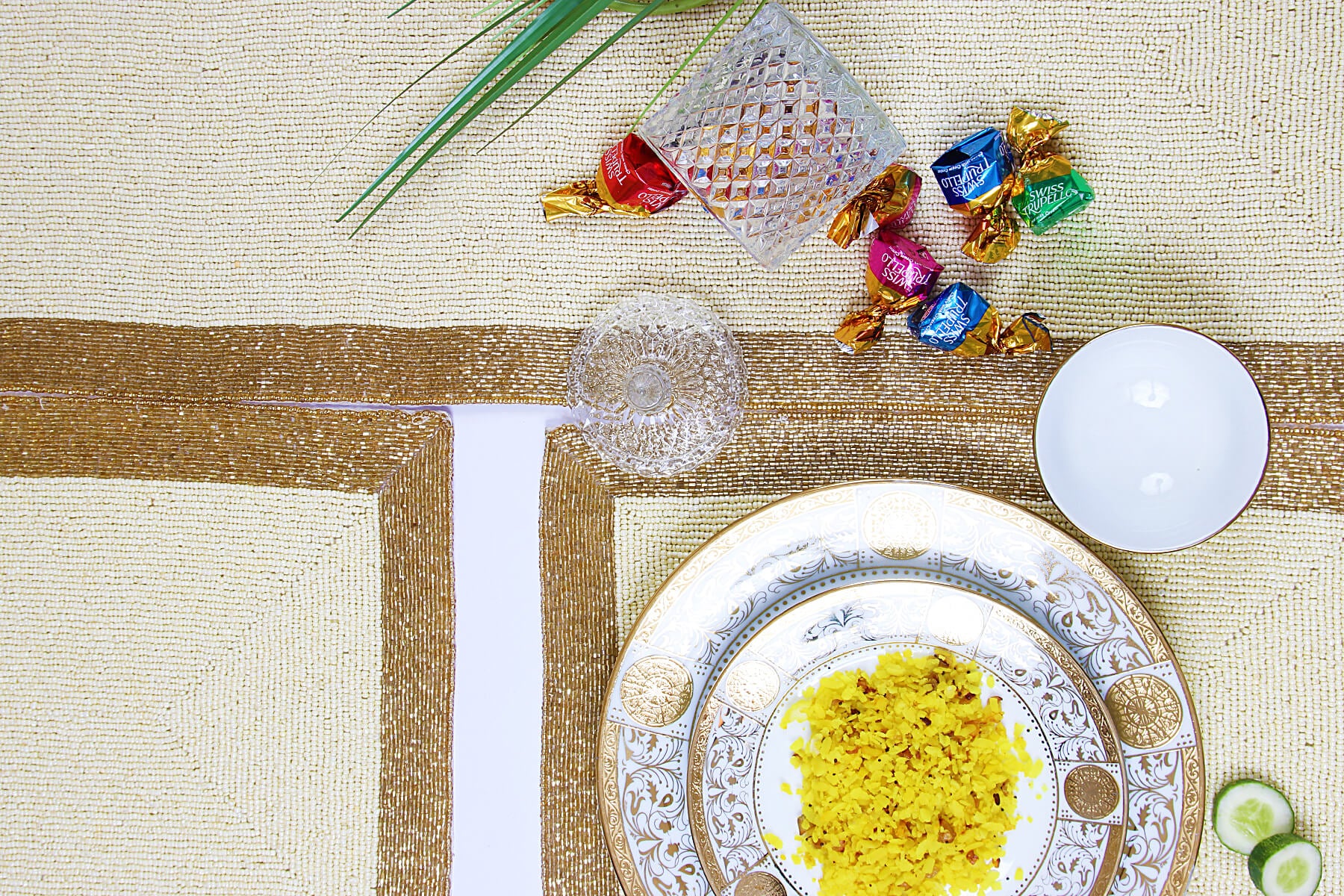 HANDMADE BEADED IVORY PLACEMATS/DINING MATS WITH GOLDEN BORDER 41cm (Set of 2)