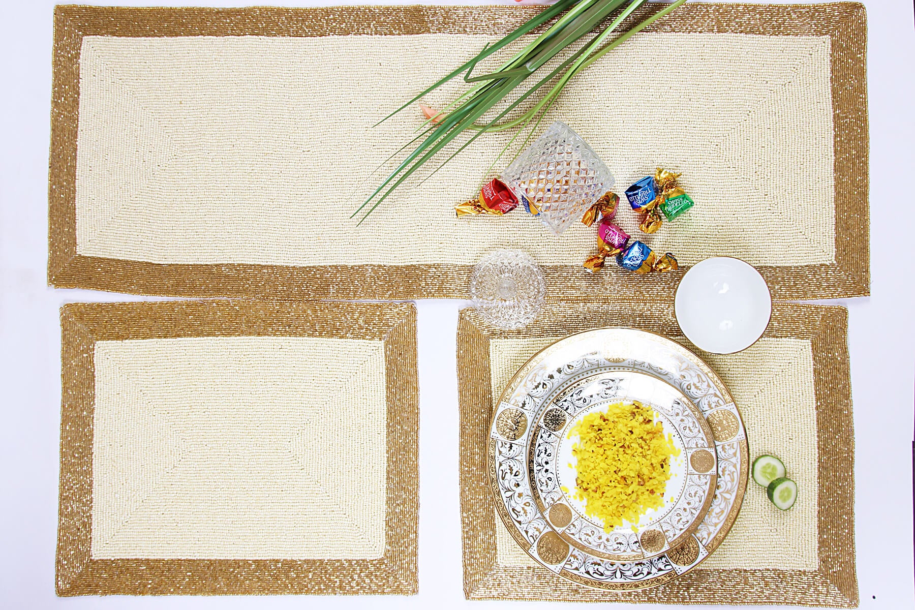 HANDMADE BEADED IVORY RUNNER WITH GOLDEN BORDER 90cm