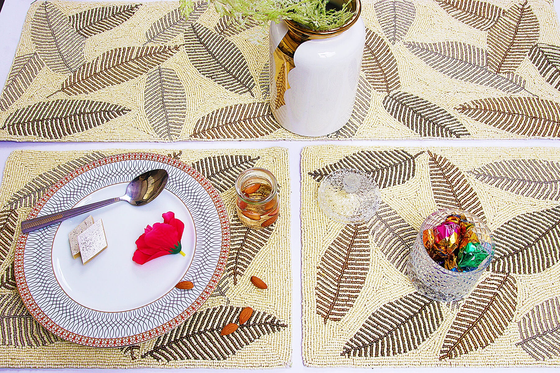 HANDMADE BEADED IVORY PLACEMATS/DINING MATS WITH LEAVES PATTERN 41cm (Set of 2)