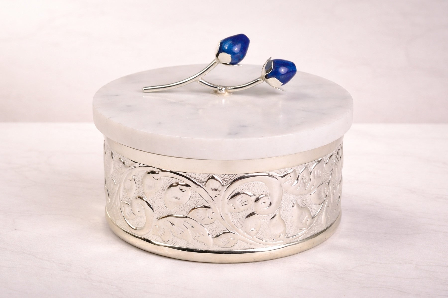 EMBOSSED SILVER JARS WITH MARBLE LID FOR DRY FRUITS/GIFTING (LARGE)