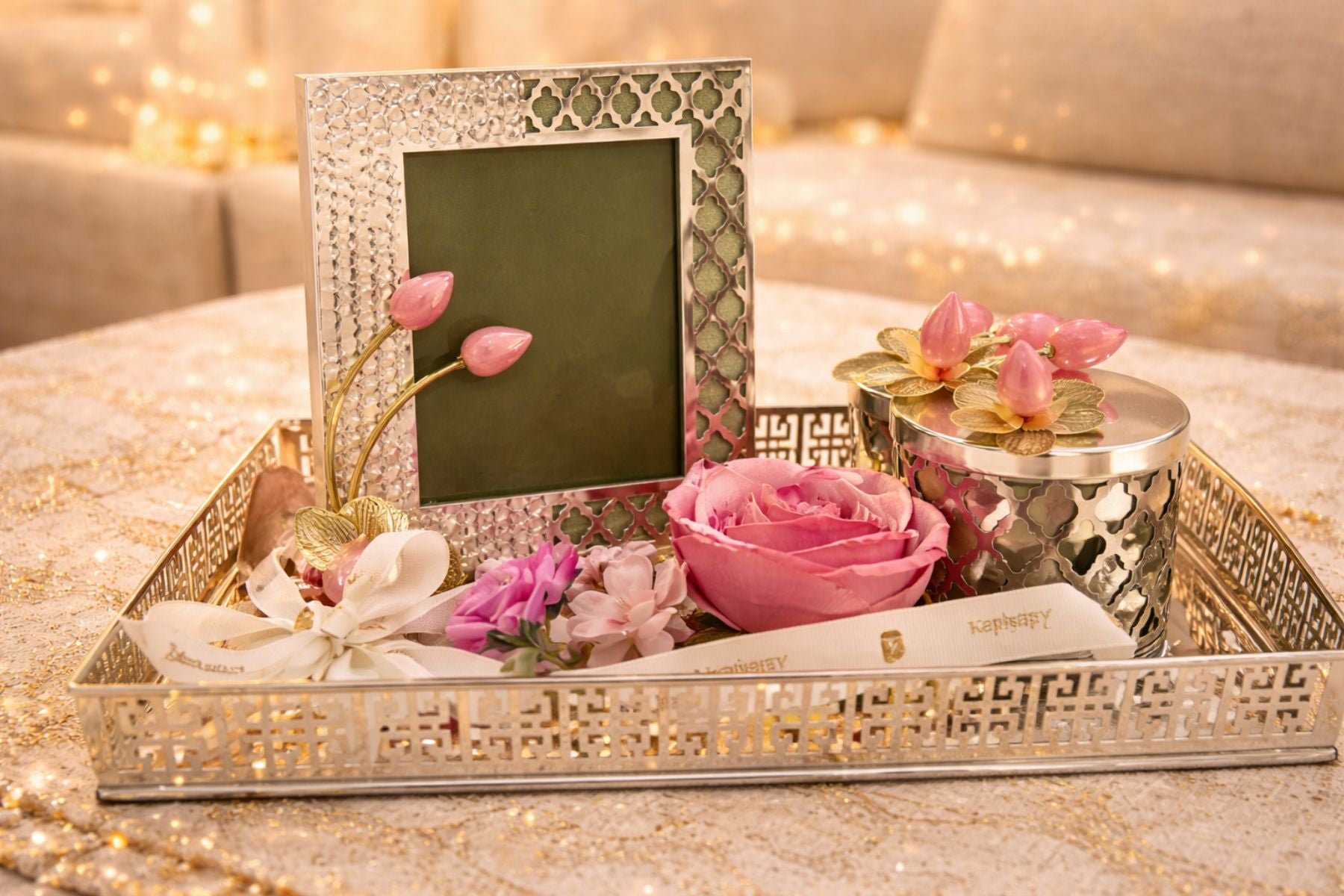 Floral Tulip Luxury Hamper Set with Photo Frame & Silver Jars