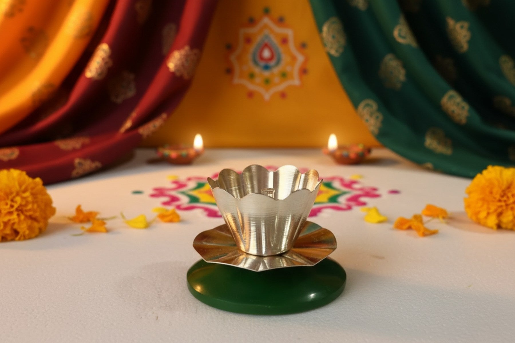 GREEN DEEPAK IN SILVER FINISH FOR POOJA, DIYA FOR HOME DECORATIVE & GIFTING