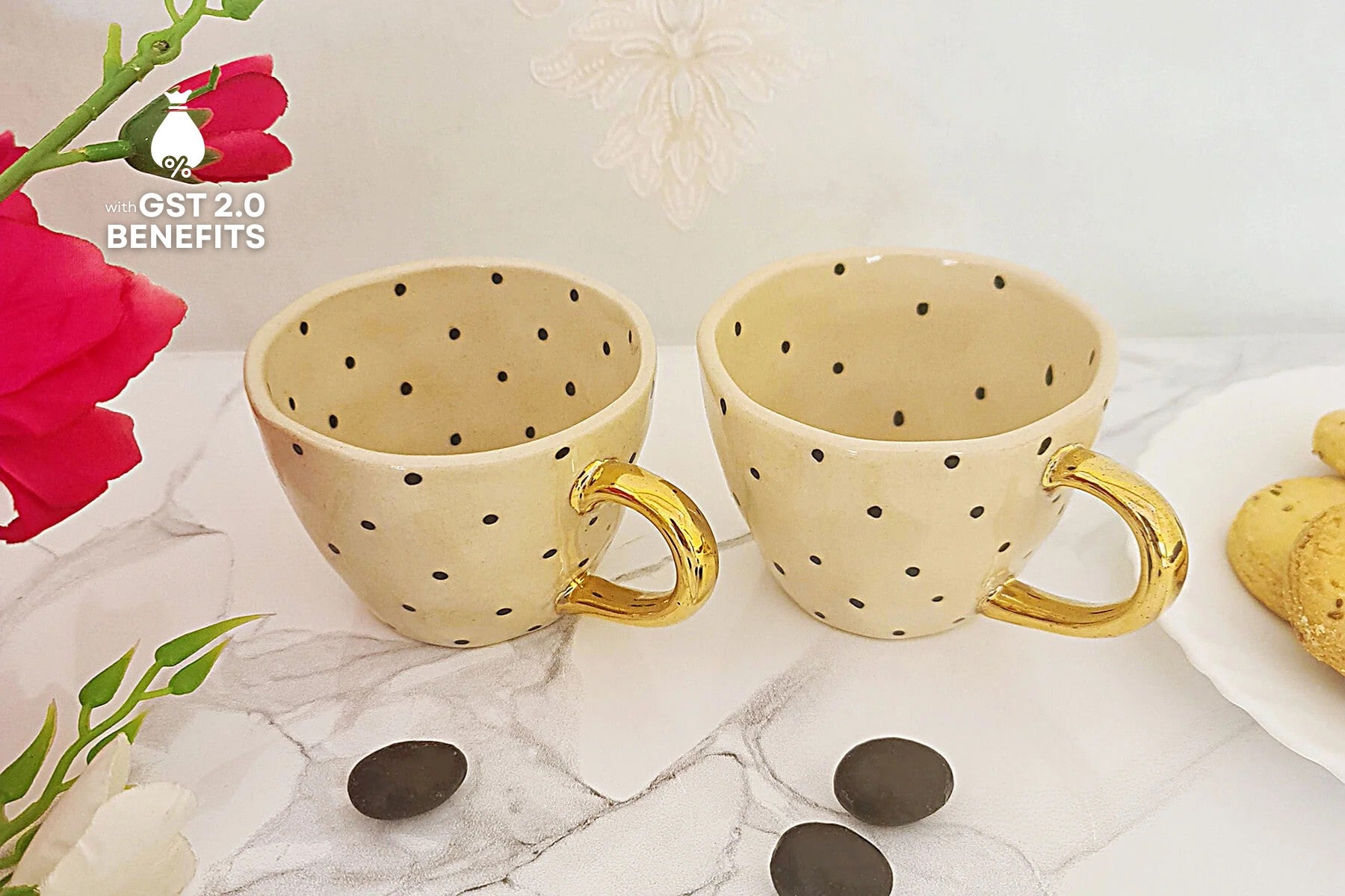 HANDMADE IVORY CERAMIC MUGS WITH BLACK POLKA DOTS DESIGN (SET OF 2)