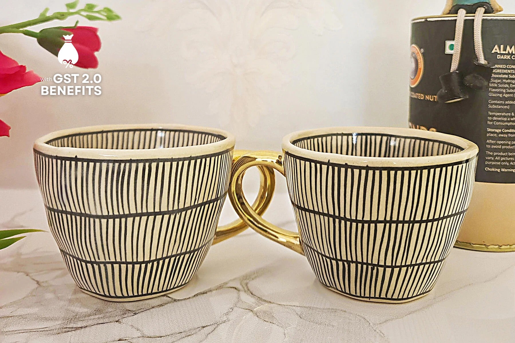 HANDMADE IVORY CERAMIC MUGS WITH BLACK ROWS DESIGN (SET OF 2)