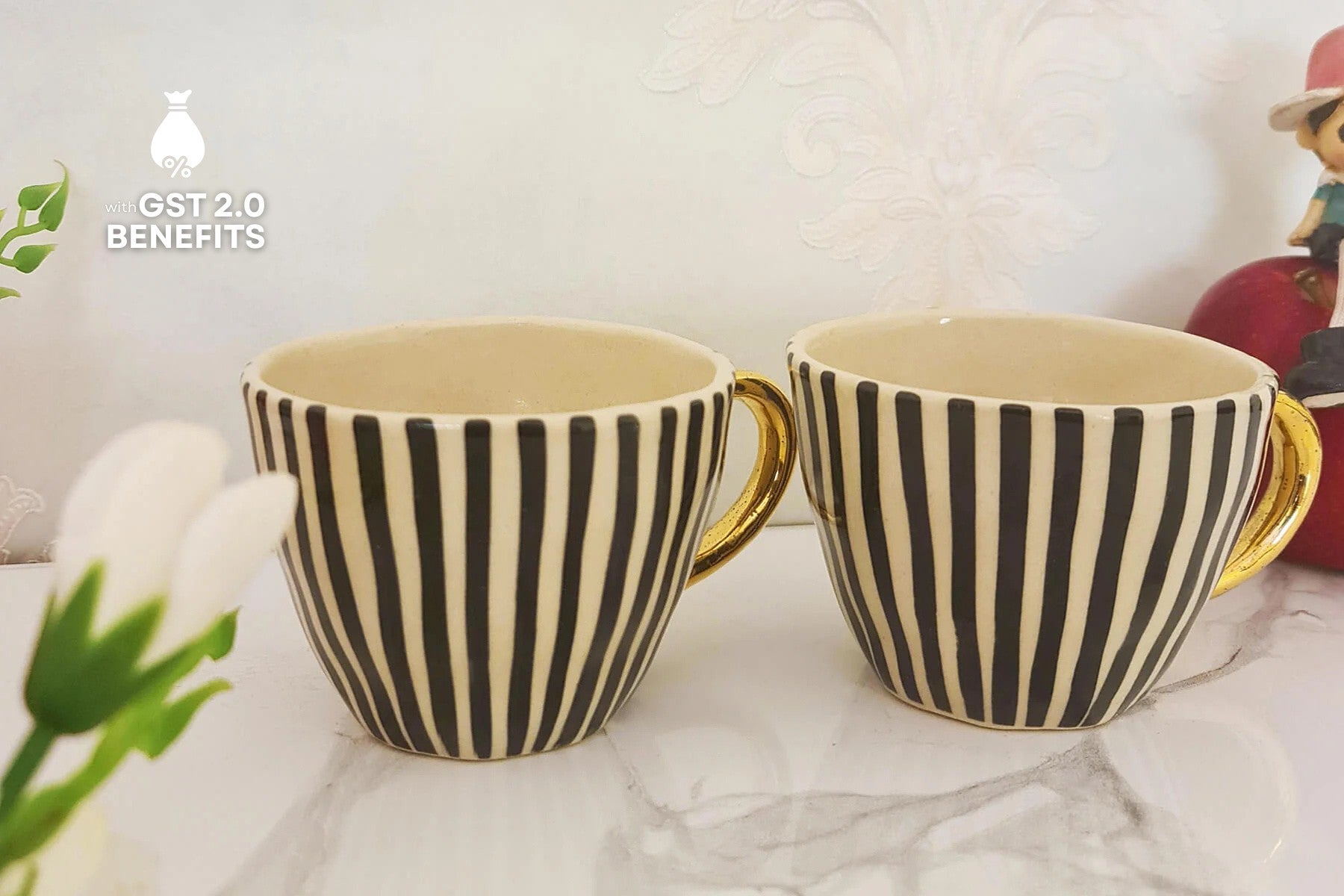 HANDMADE IVORY CERAMIC MUGS WITH BLACK VERTICAL LINES DESIGN (SET OF 2)