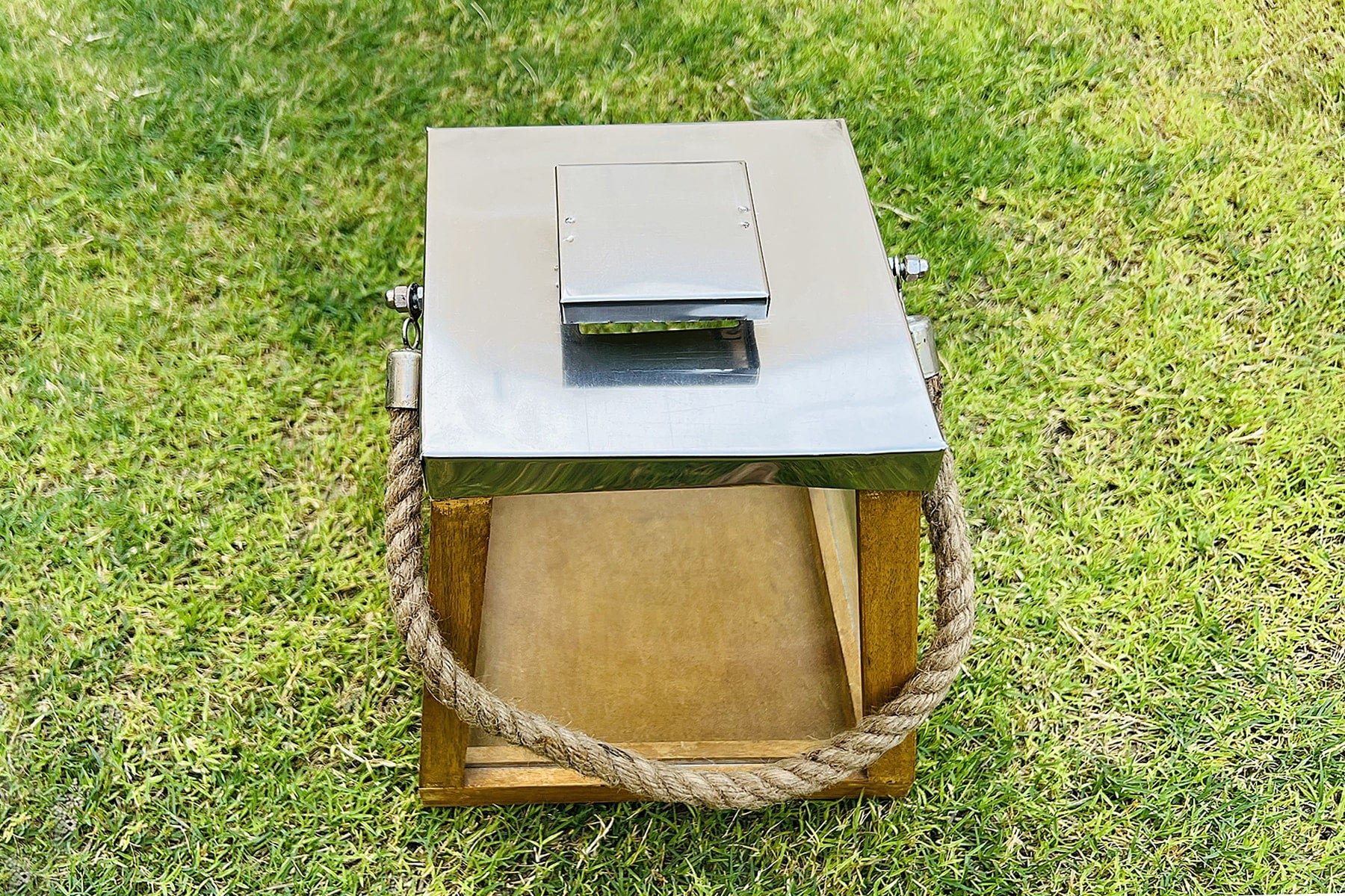 Wooden Lantern/ Candle Holder/ Tapered Shape/ Metal Lid With Rope