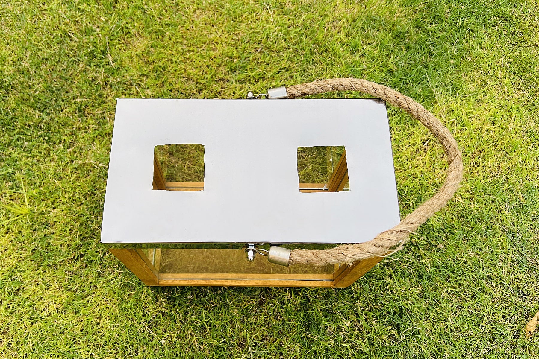 Wooden Lantern/ Candle Holder/ Box Shape/ Metal Lid With Rope