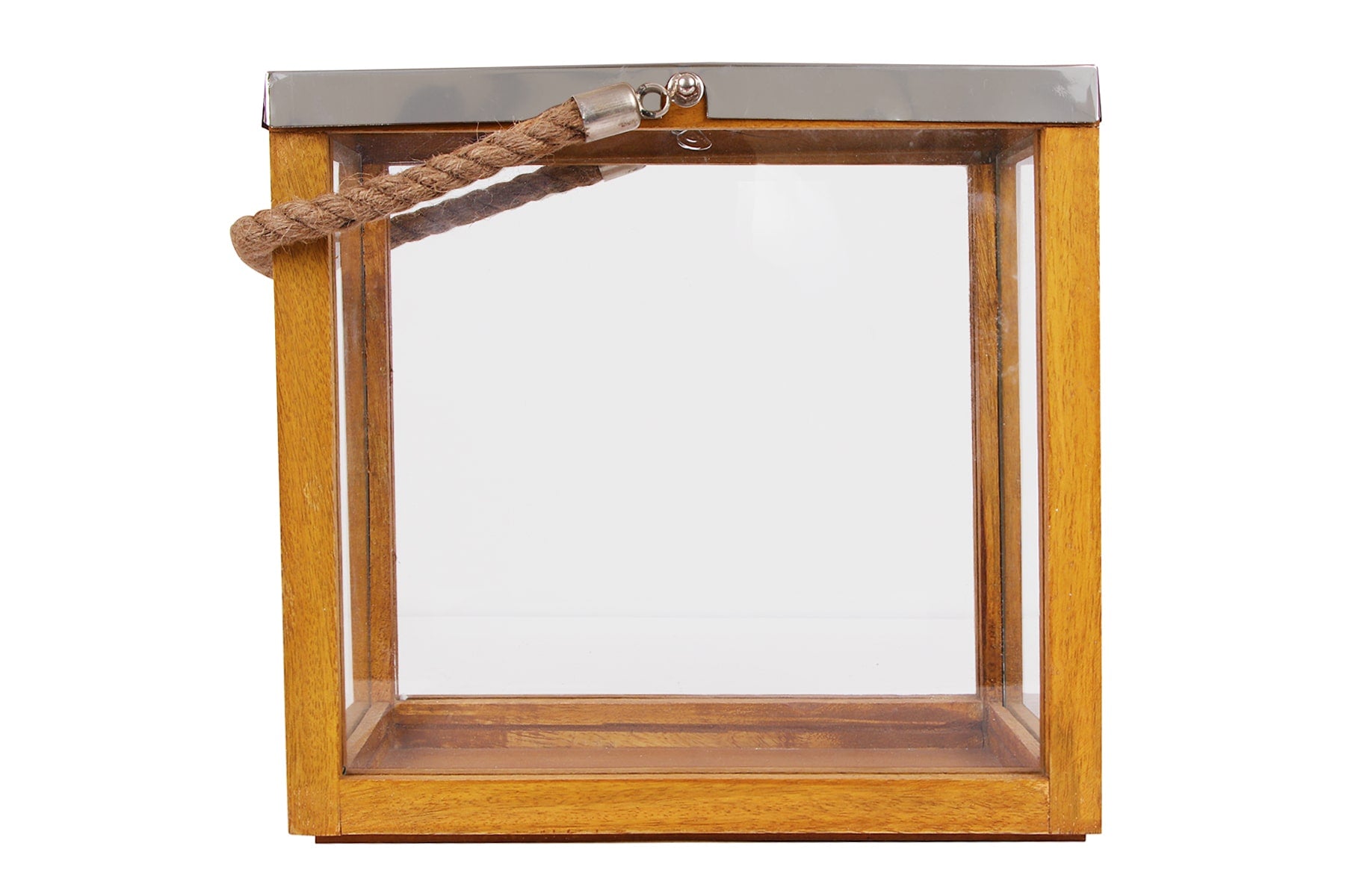 Wooden Lantern/ Candle Holder/ Box Shape/ Metal Lid With Rope