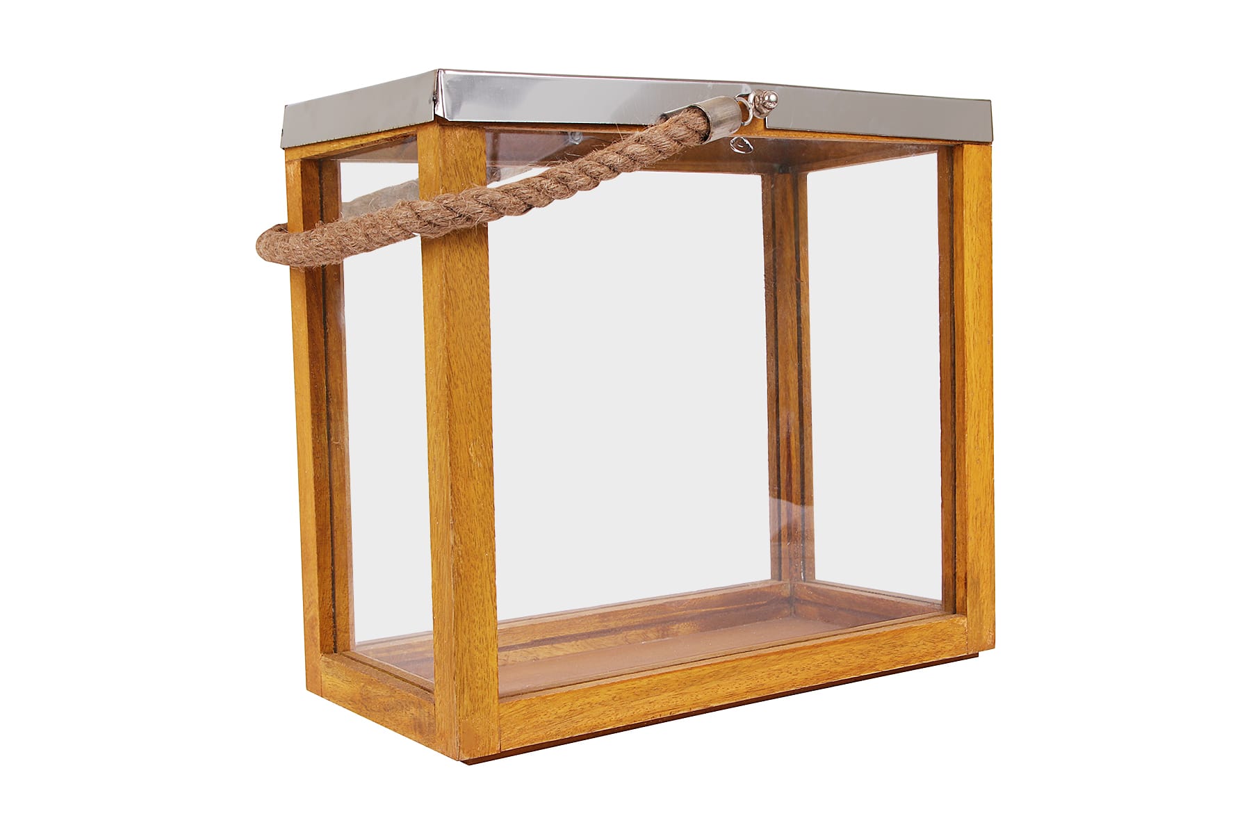 Wooden Lantern/ Candle Holder/ Box Shape/ Metal Lid With Rope