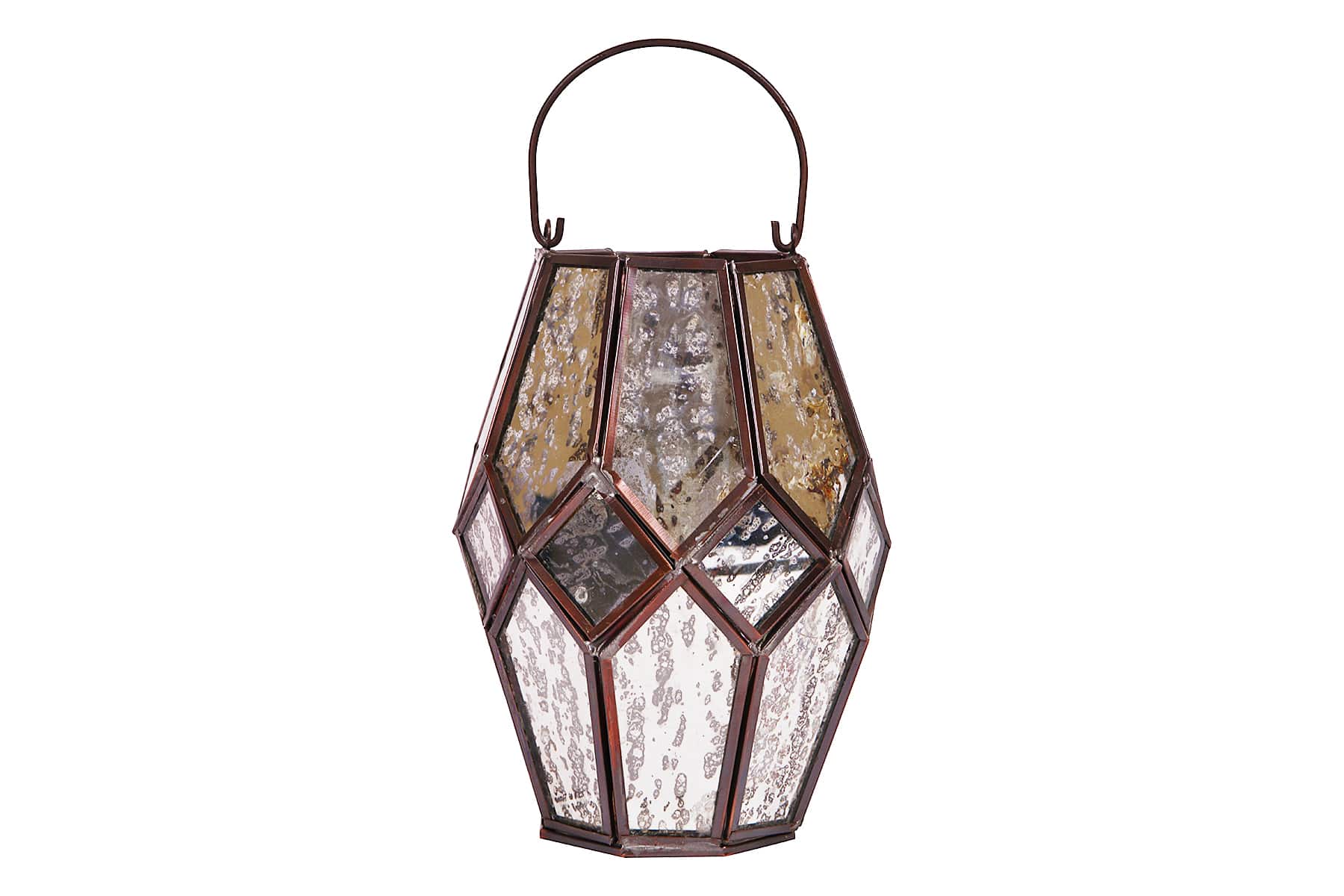 Lantern Candle Holder/ Golden Hexagon Design/ Metal and Glass/ 7.5 x 5 inch/ With Handle