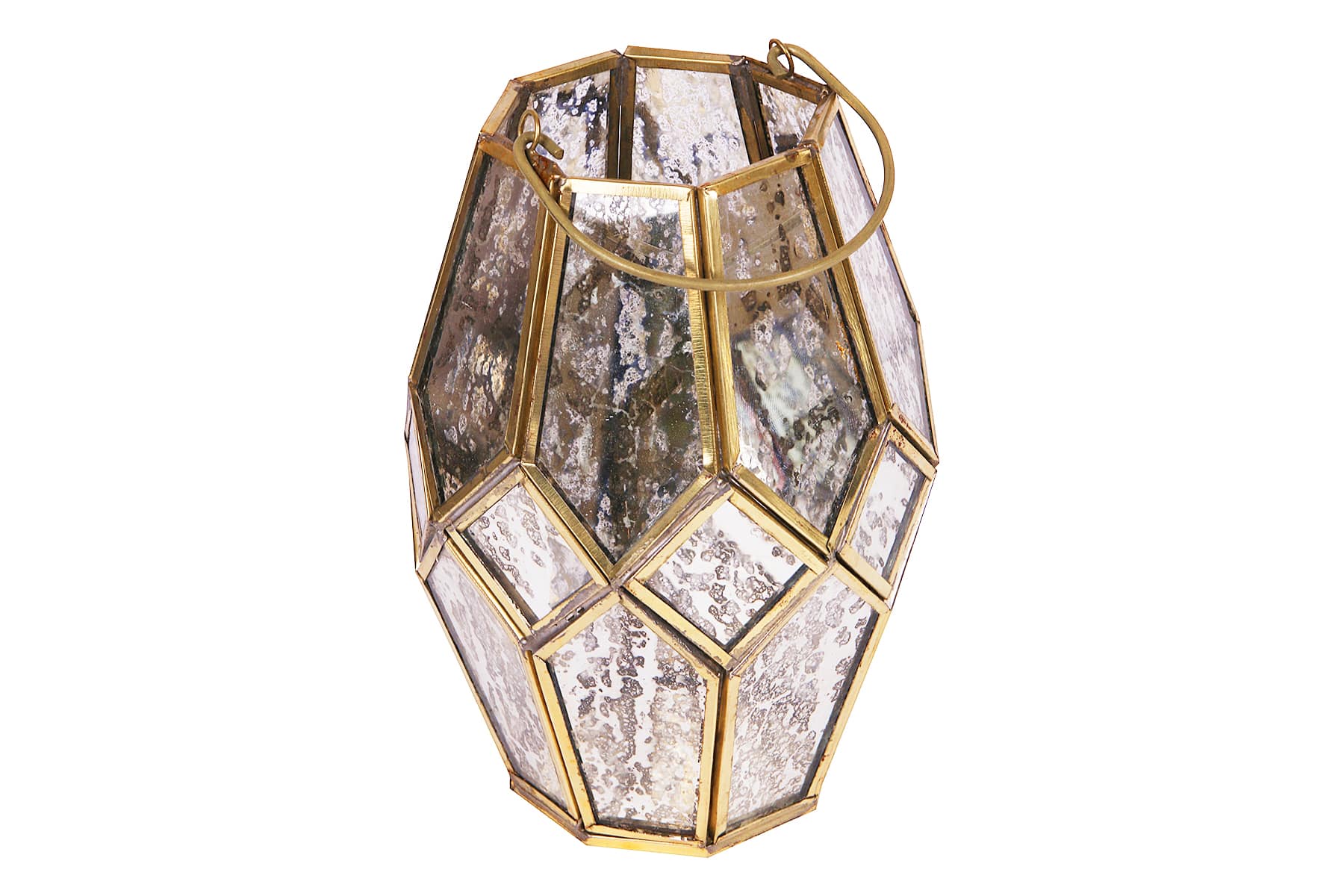 Lantern Candle Holder/ Golden Hexagon Design/ Metal and Glass/ 7.5 x 5 inch/ With Handle