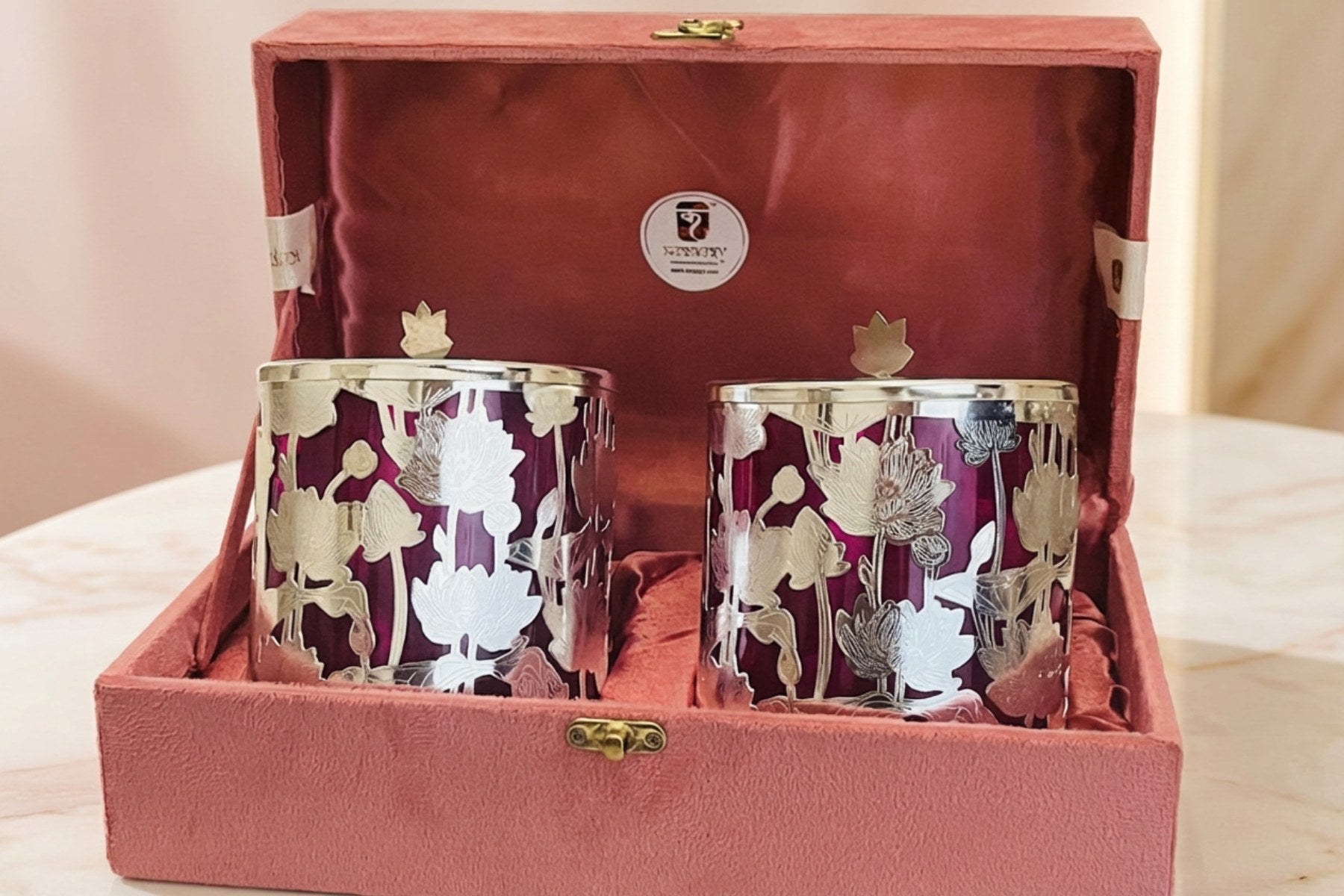 Luxury Silver-Plated Pichwai Lotus Dry Fruit Jars Hamper in Velvet Box