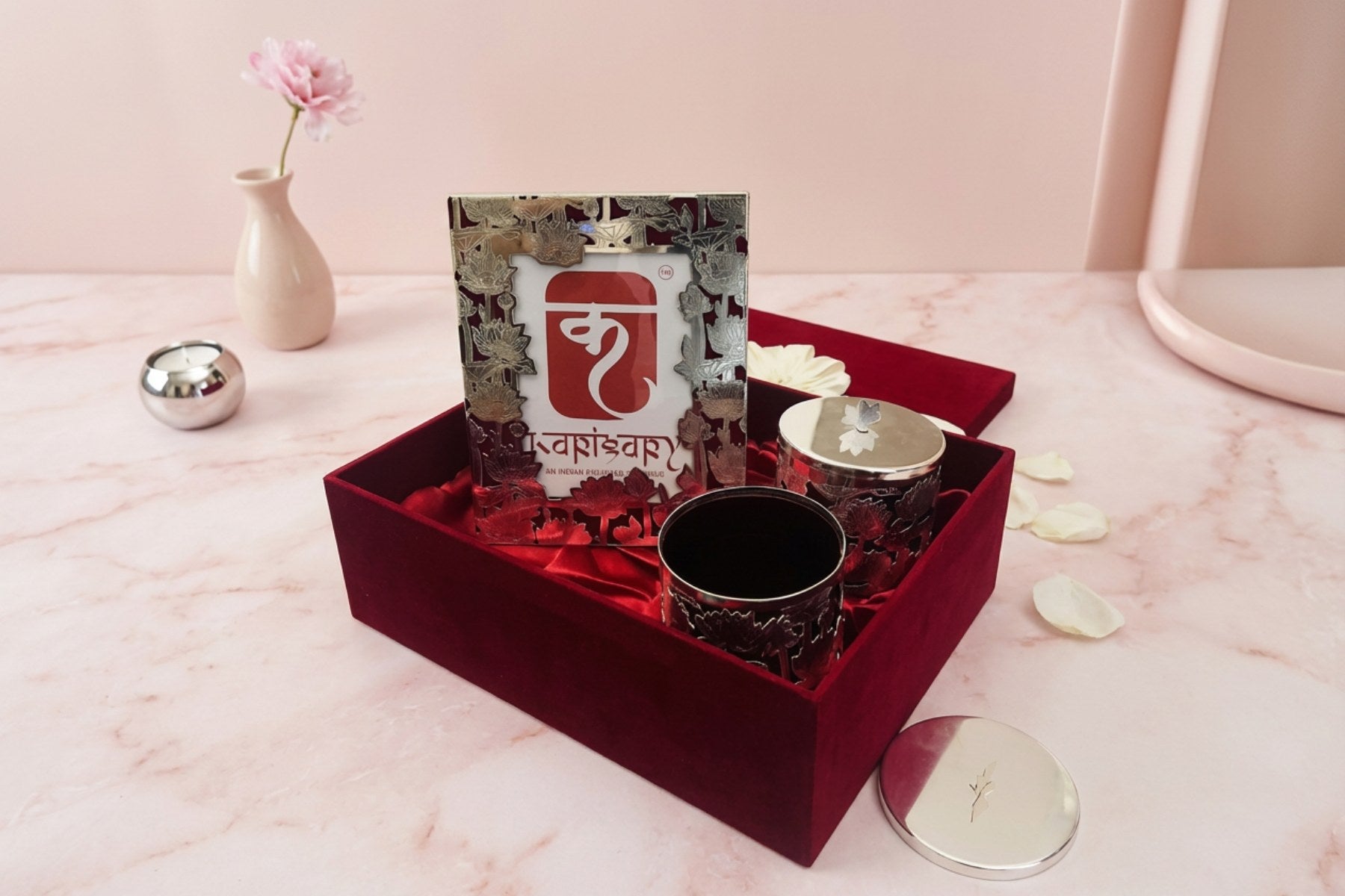 Luxury Silver-Plated Pichwai Lotus Hamper with Photo Frame & Dry Fruit Jars in Red Suede Box