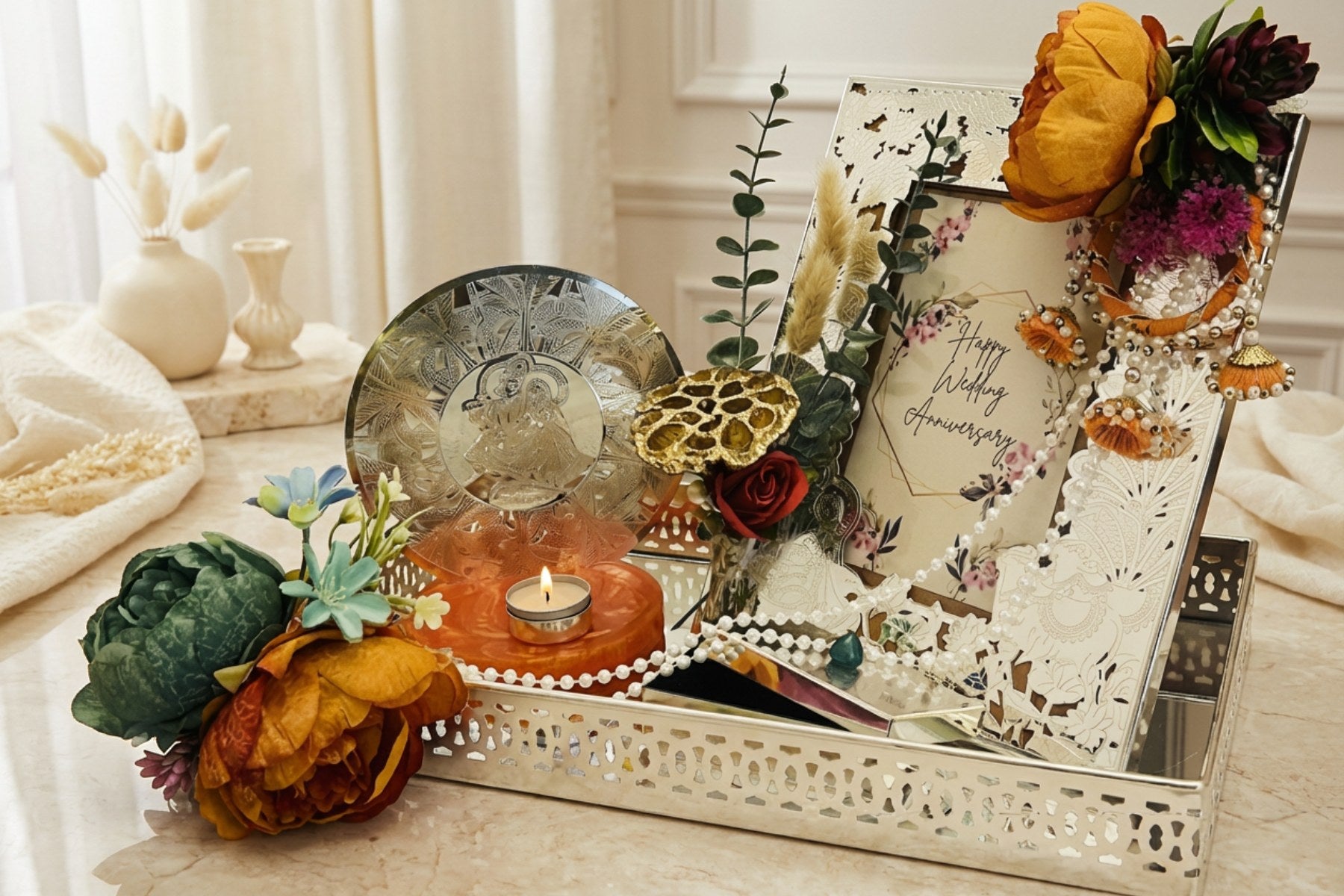 Luxury Silver-Plated Radha Krishna Wedding Hamper Set with Mirror Tray & Designer Frame