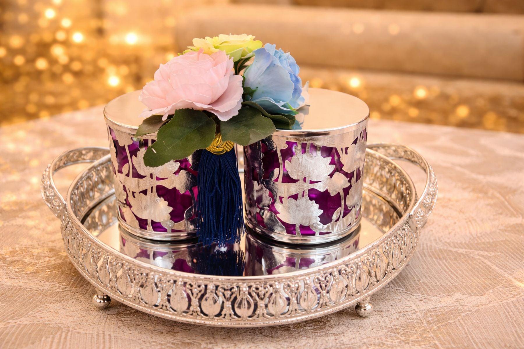 Luxury Pichwai Silver-Plated Hamper Set with Mirror Tray