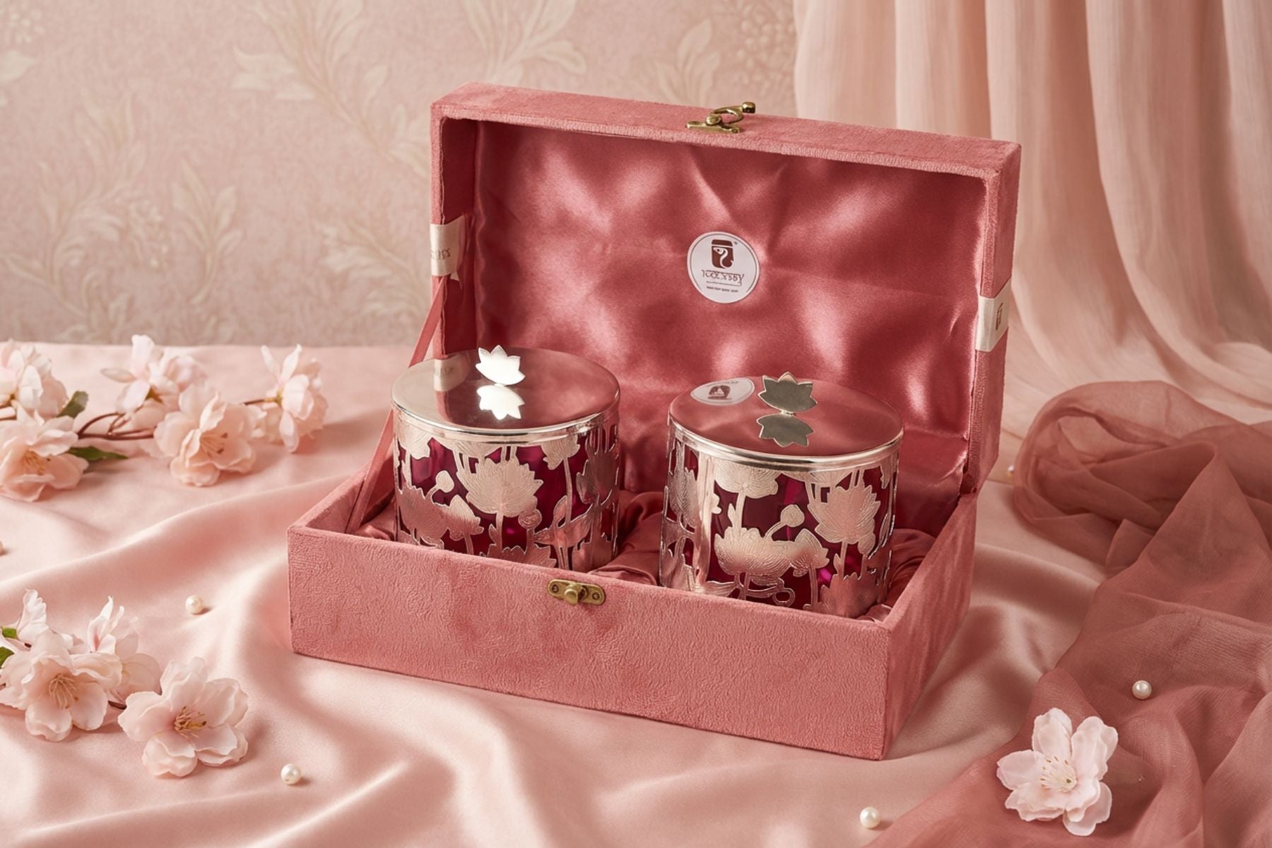 Luxury Silver-Plated Pichwai Lotus Dry Fruit Jars Hamper in Velvet Box