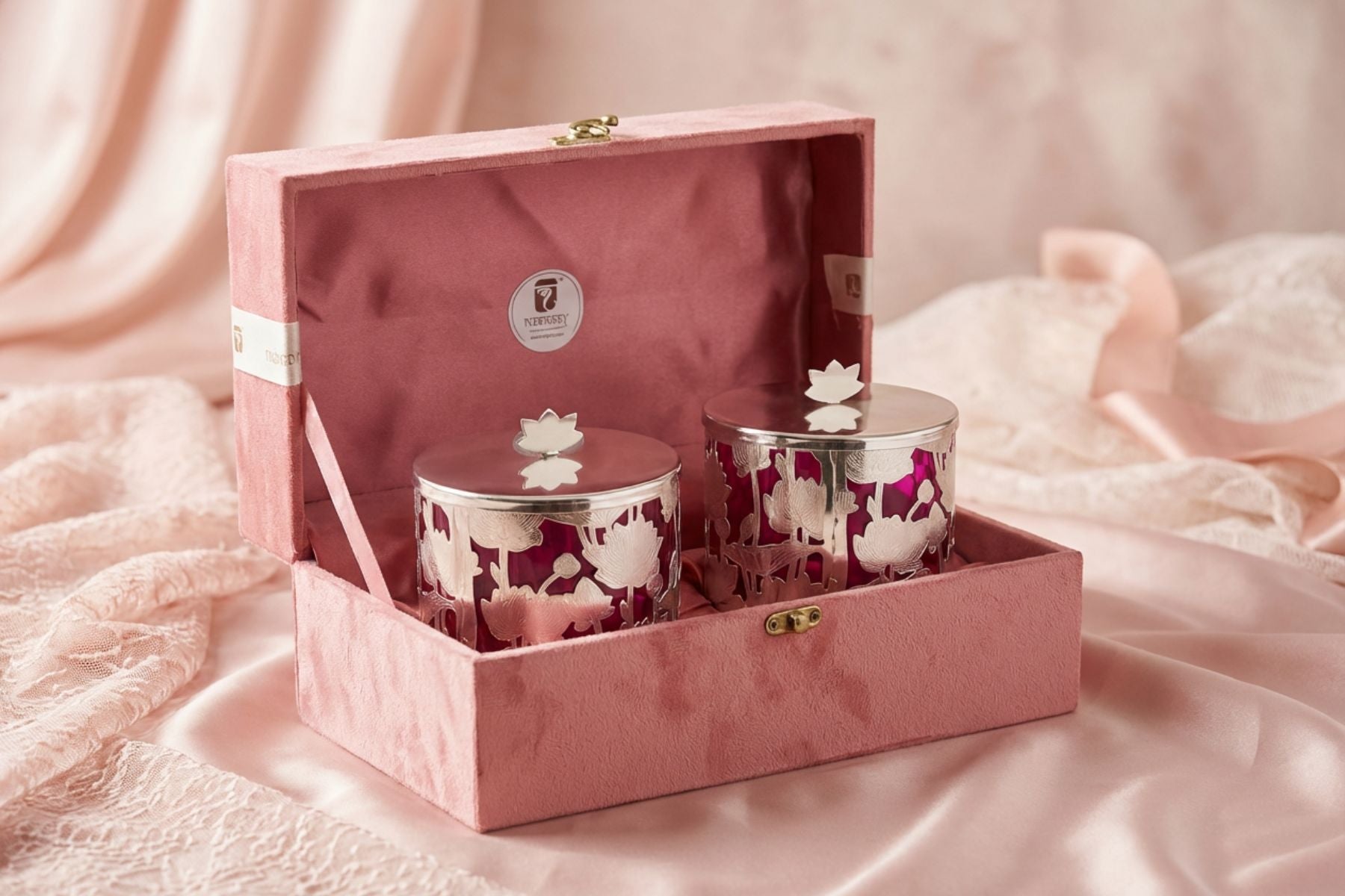 Luxury Silver-Plated Pichwai Lotus Dry Fruit Jars Hamper in Velvet Box