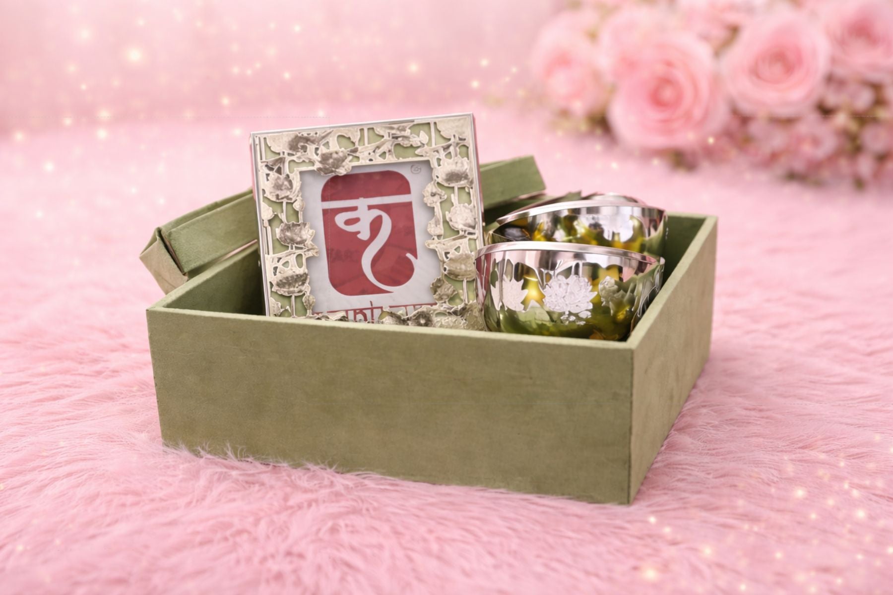 Luxury Silver-Plated Pichwai Lotus Hamper with Photo Frame & Dry Fruit Jars in Green Suede Box