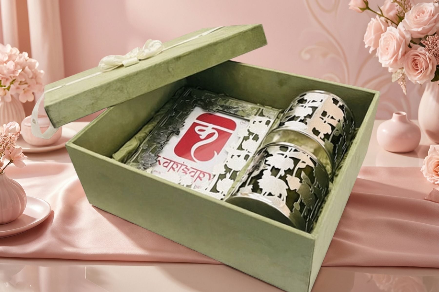 Luxury Silver-Plated Pichwai Lotus Hamper with Photo Frame & Dry Fruit Jars in Green Suede Box