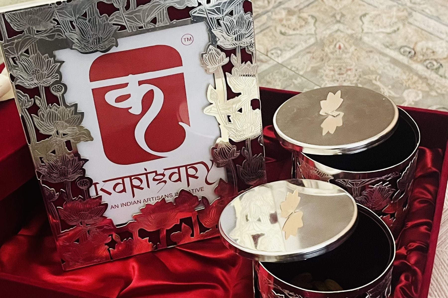 Luxury Silver-Plated Pichwai Lotus Hamper with Photo Frame & Dry Fruit Jars in Red Suede Box
