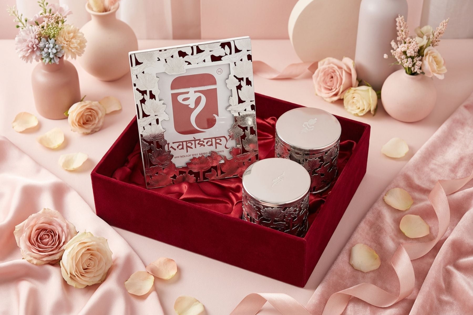 Luxury Silver-Plated Pichwai Lotus Hamper with Photo Frame & Dry Fruit Jars in Red Suede Box