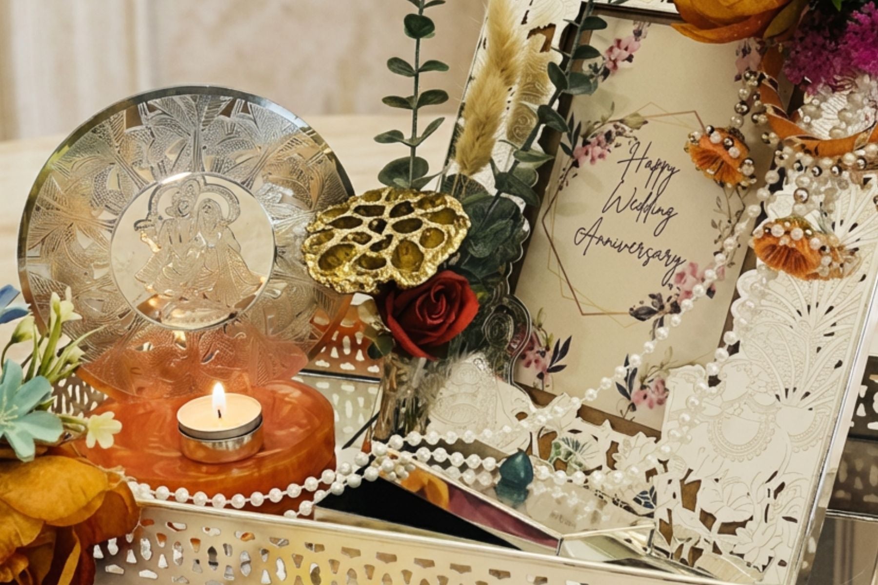 Luxury Silver-Plated Radha Krishna Wedding Hamper Set with Mirror Tray & Designer Frame