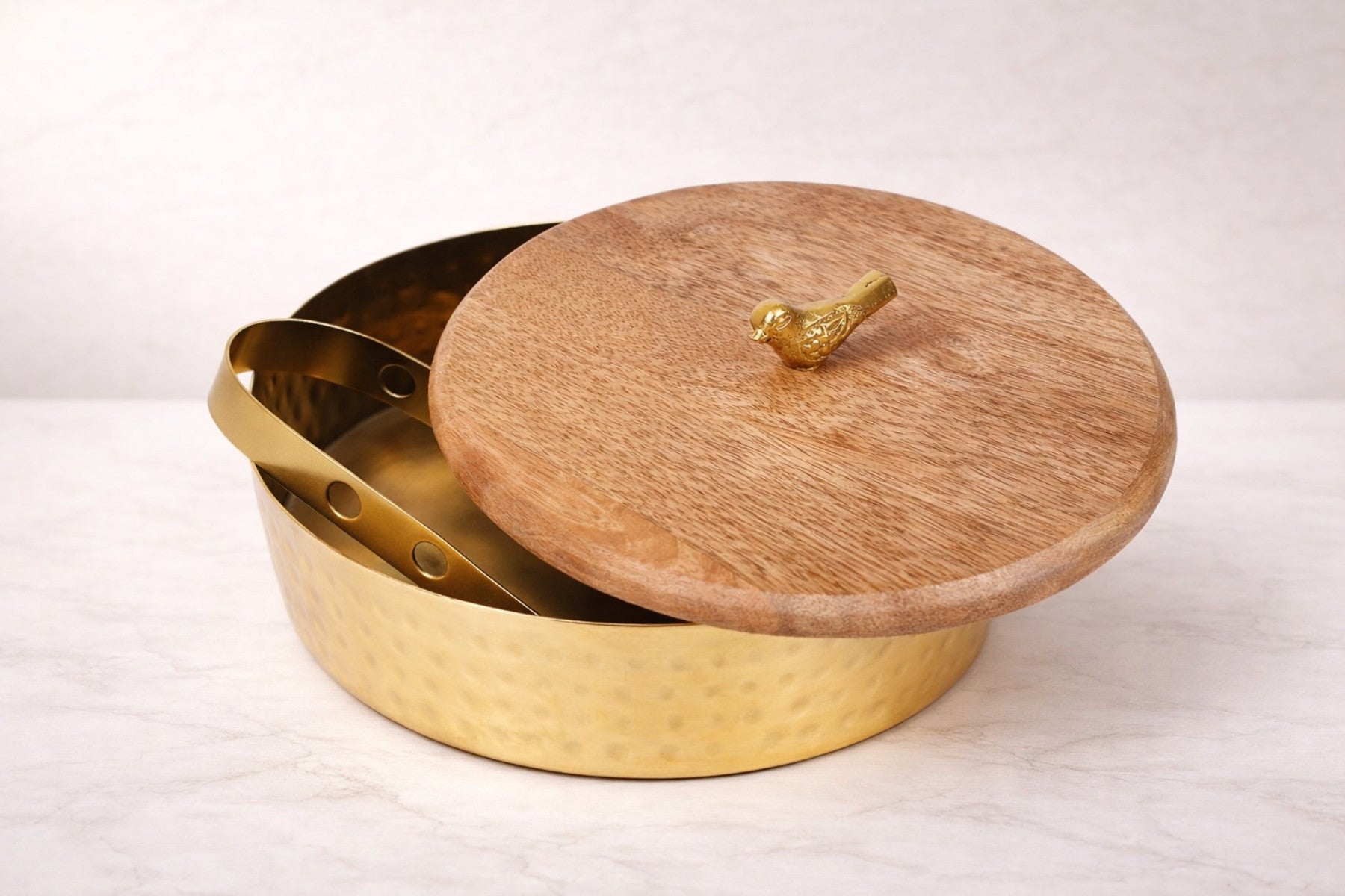 MANGO WOOD AND METAL ROTI BOX WITH BIRD KNOB