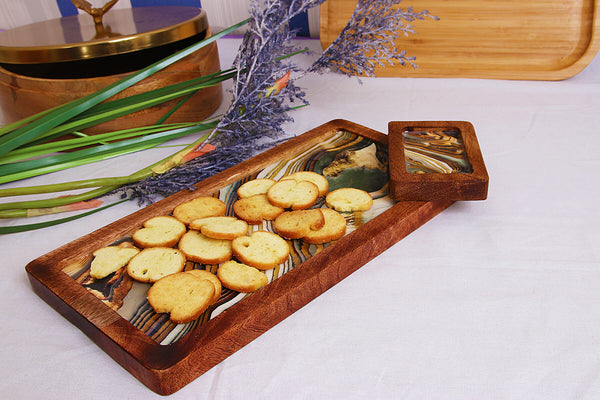 LONG CHIP AND DIP PLATTER WOOD WITH BOWL (Marble)