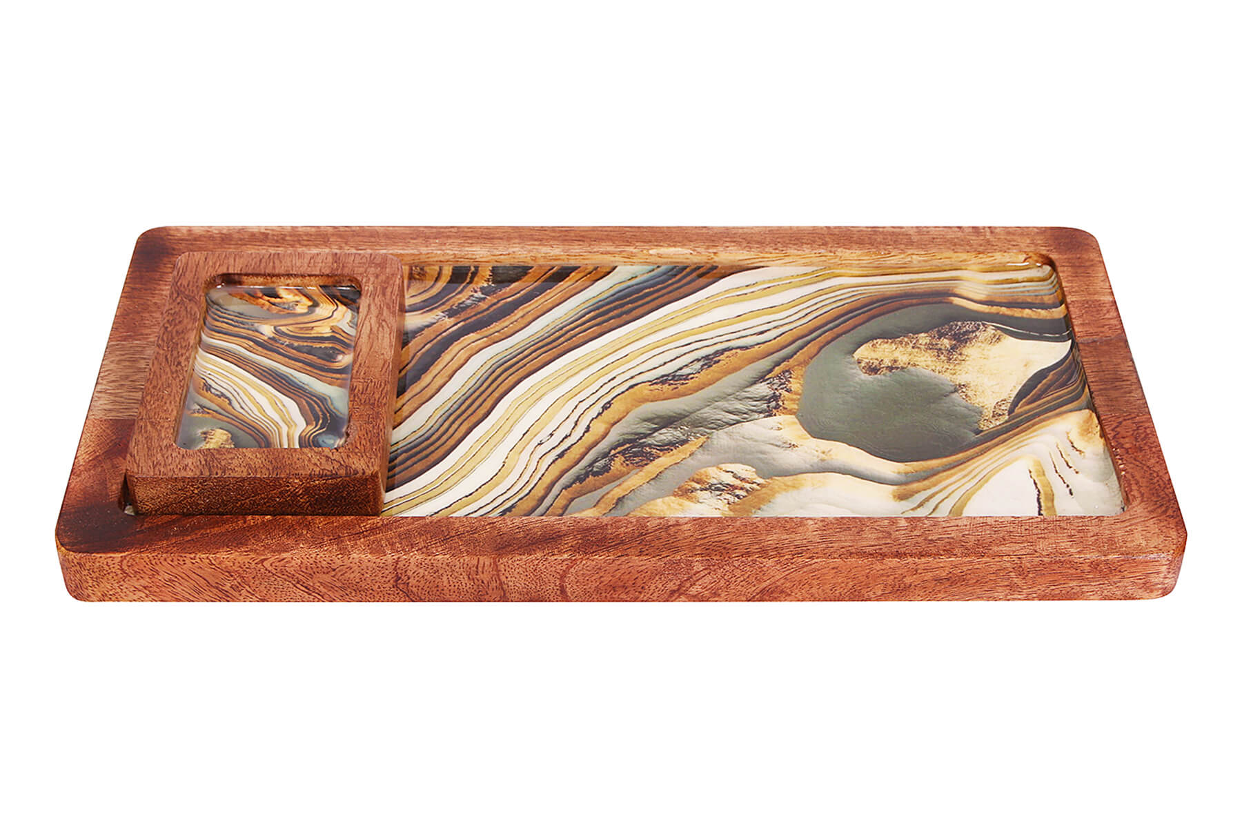LONG CHIP AND DIP PLATTER WOOD WITH BOWL (Marble)