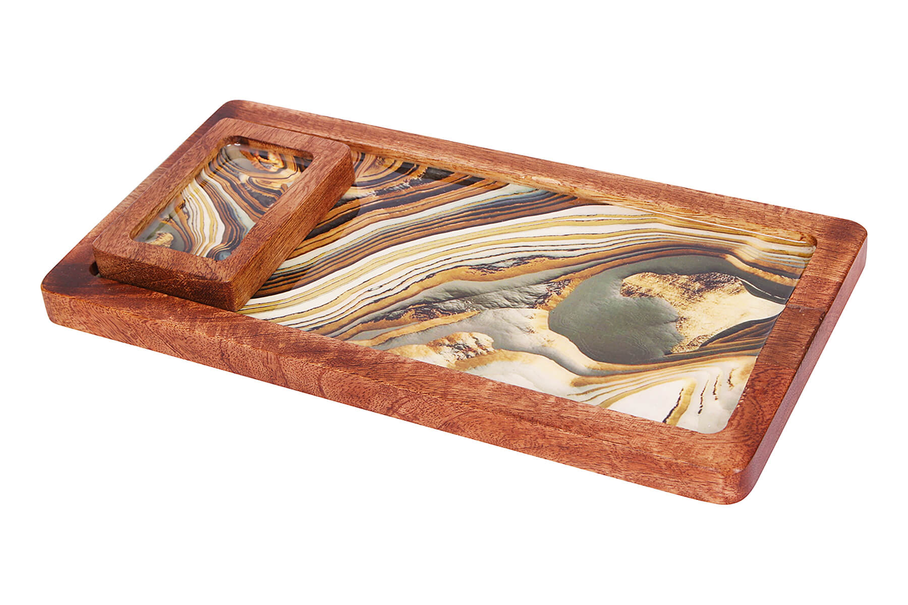 LONG CHIP AND DIP PLATTER WOOD WITH BOWL (Marble)