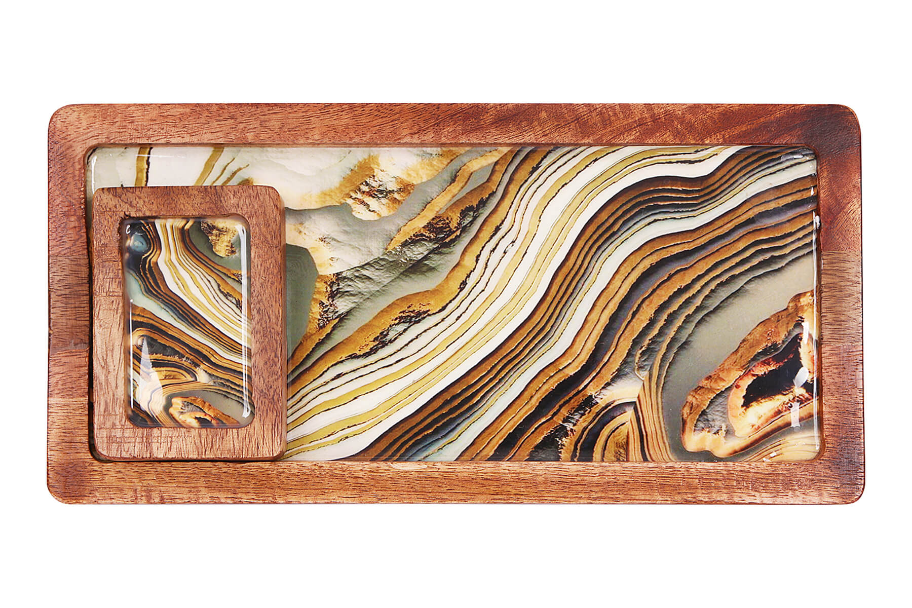 LONG CHIP AND DIP PLATTER WOOD WITH BOWL (Marble)